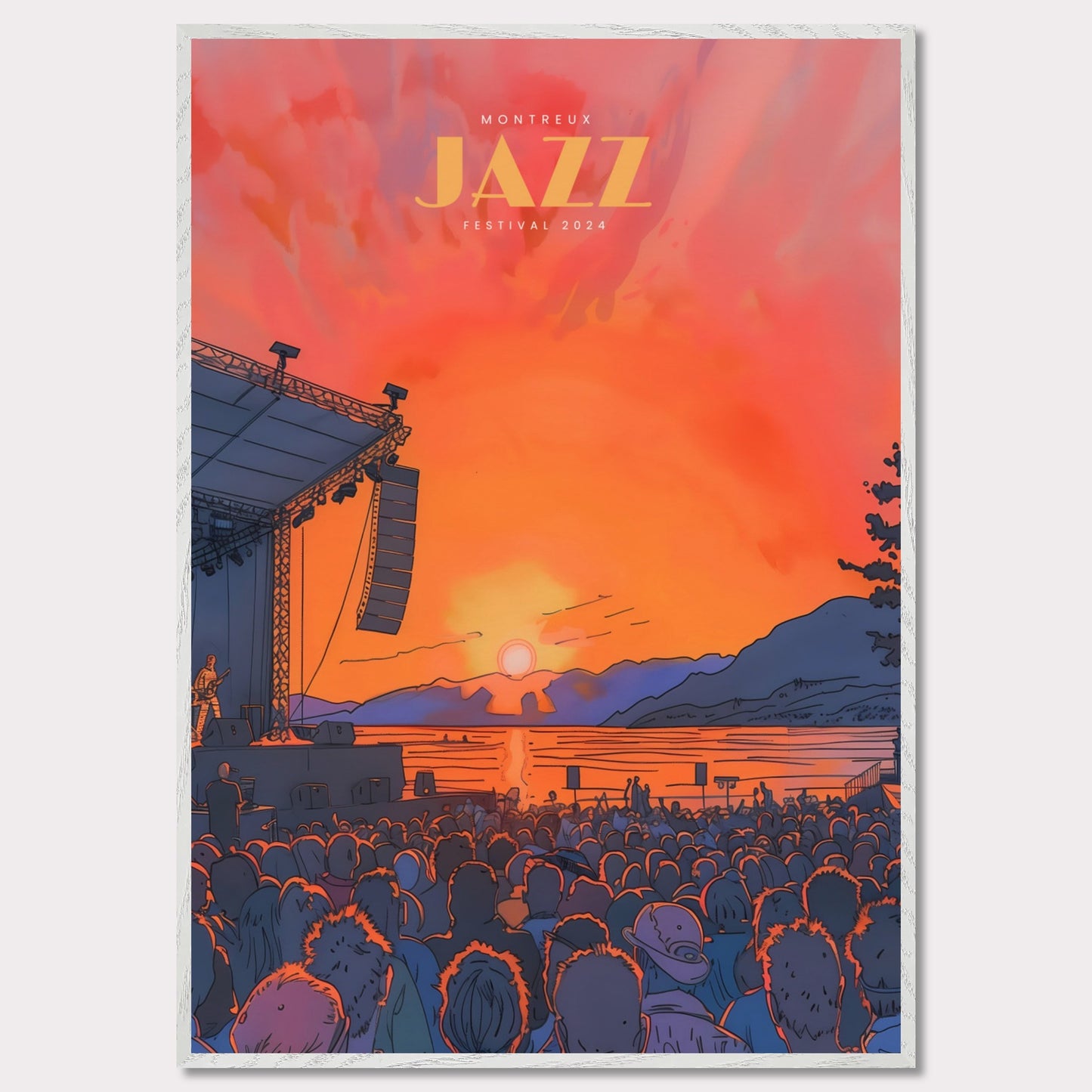 This vibrant poster showcases the Montreux Jazz Festival 2024, capturing the essence of a live outdoor concert at sunset. The scene is set with a large crowd facing a stage where a musician performs against a backdrop of a stunning sunset over a lake and mountains.