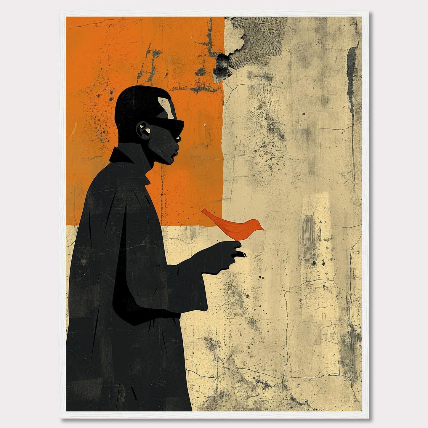 This striking artwork features a silhouette of a person holding a vibrant orange bird against a textured, abstract background. The contrast between the dark figure and the bright bird creates a powerful visual impact.