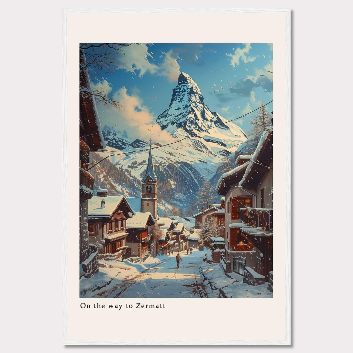 This beautiful artwork captures a serene winter scene on the way to Zermatt, featuring snow-covered rooftops and a majestic mountain in the background.