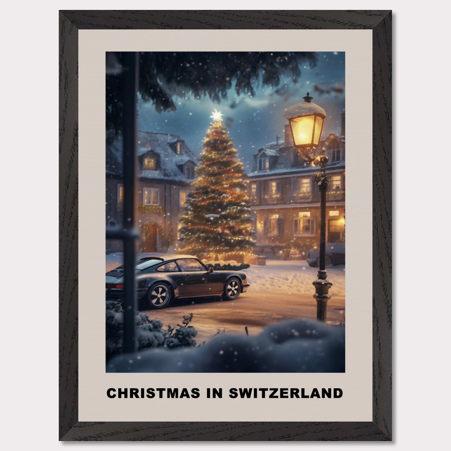 This heartwarming poster depicts a magical Swiss town square adorned with a glowing Christmas tree under a snowy evening sky. A classic vintage car adds a nostalgic charm, parked amidst festive lights and cozy, snow-covered houses. The scene invites you to experience the serene joy of a Swiss Christmas.