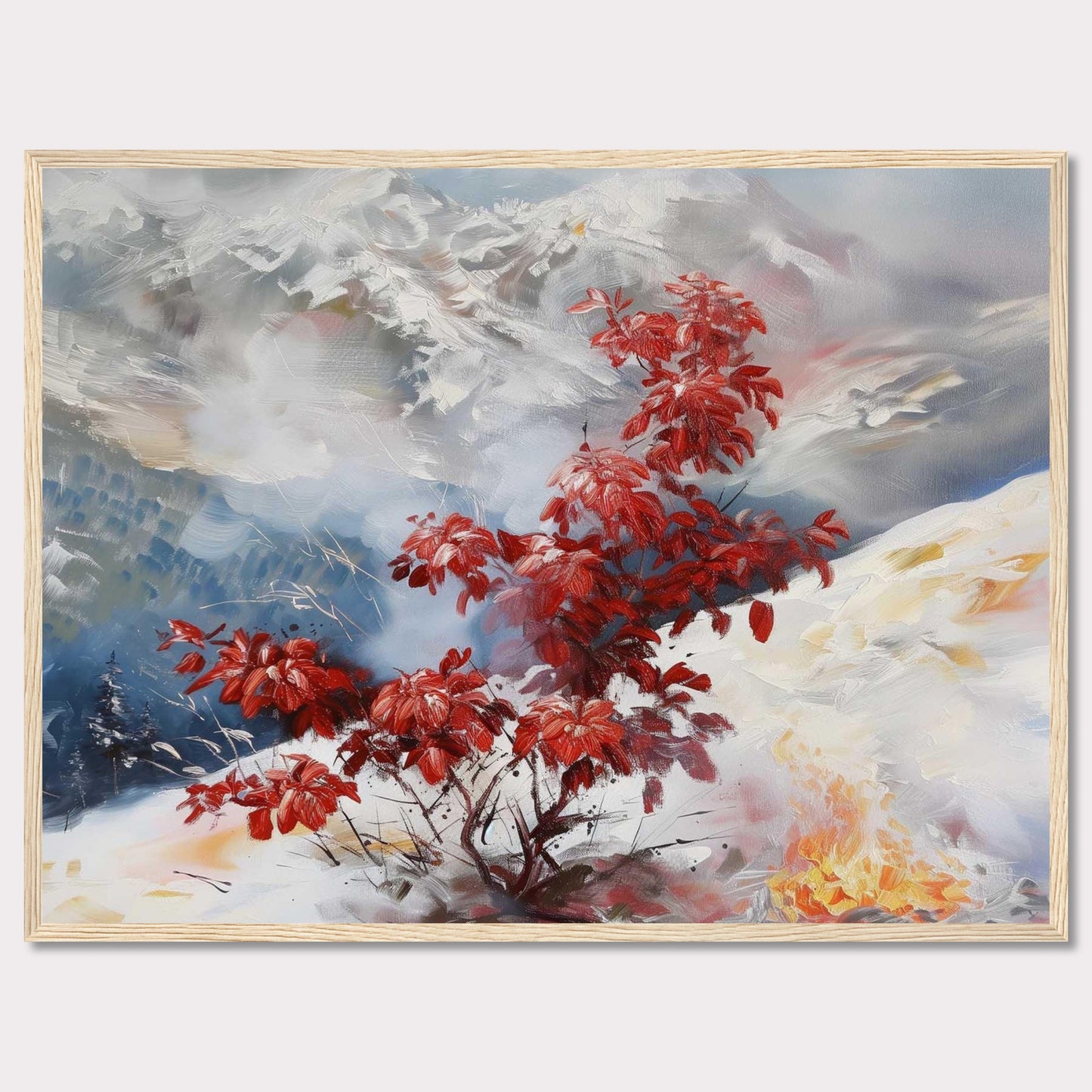 This captivating painting features a vibrant red bush standing out against a serene, snowy landscape. The background showcases majestic mountains partially obscured by mist, adding depth and mystery to the scene. The contrast between the fiery red leaves and the cool, muted tones of the snow and sky creates a striking visual effect.