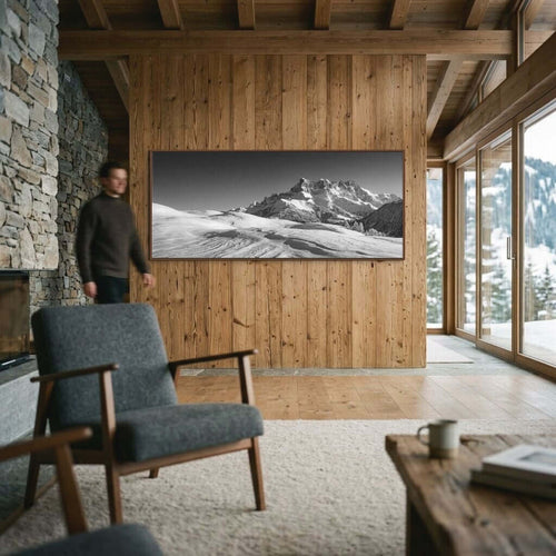 Dents du Midi in Winter – Alu-Dibond wall art displayed in a cozy mountain cabin living room.