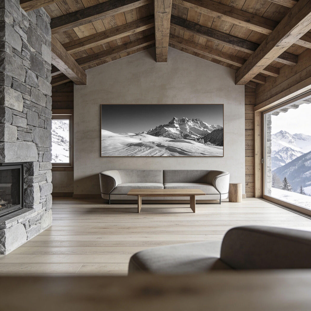 Dents du Midi in Winter – Alu-Dibond wall art showcased in a modern mountain cabin interior.