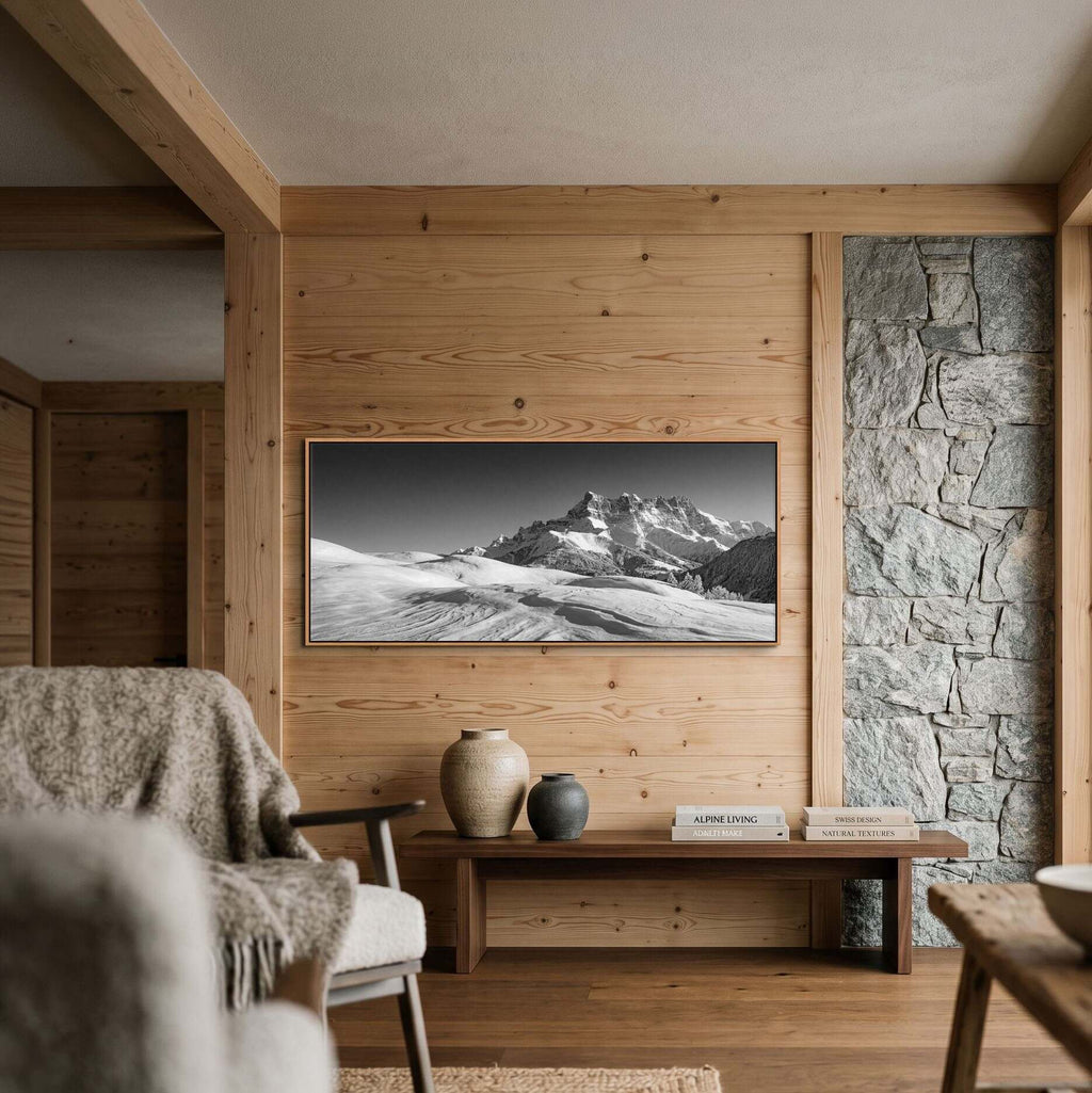 Dents du Midi in Winter – Alu-Dibond wall art displayed in a cozy wooden interior.