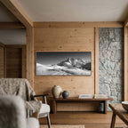 Dents du Midi in Winter – Alu-Dibond wall art displayed in a cozy wooden interior.