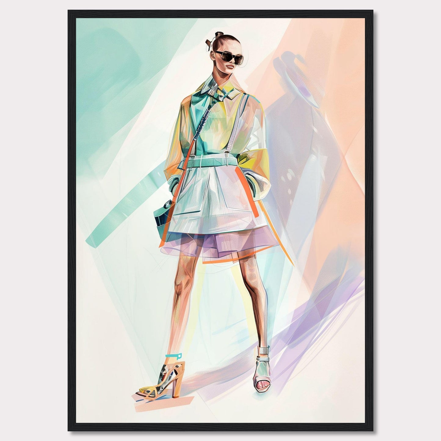 This stunning artwork features a stylish figure in a vibrant, modern outfit. The person is wearing a colorful, translucent coat over a layered skirt, with high-fashion heels and chic sunglasses. The background is an abstract blend of pastel colors, enhancing the fashionable vibe.