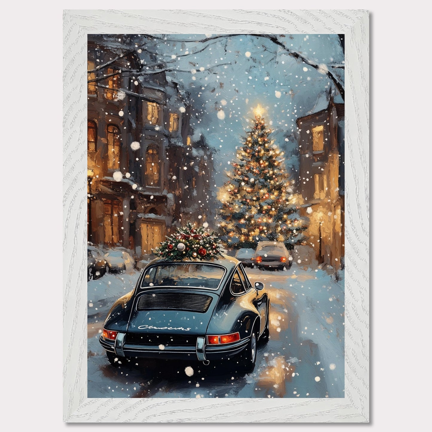 This enchanting poster portrays a snowy Swiss street with a beautifully adorned vintage car carrying a Christmas tree. The softly glowing lights and festive decorations create an atmosphere of joyous holiday anticipation. The combination of timeless cars and seasonal spirit brings a unique charm to this holiday scene.