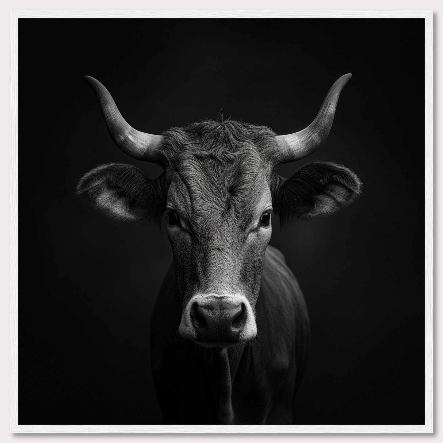 This stunning black and white photograph captures the striking image of a cow, highlighting its majestic horns and serene expression. The detailed texture of the cow's fur is beautifully contrasted against the dark background, creating a powerful visual impact.