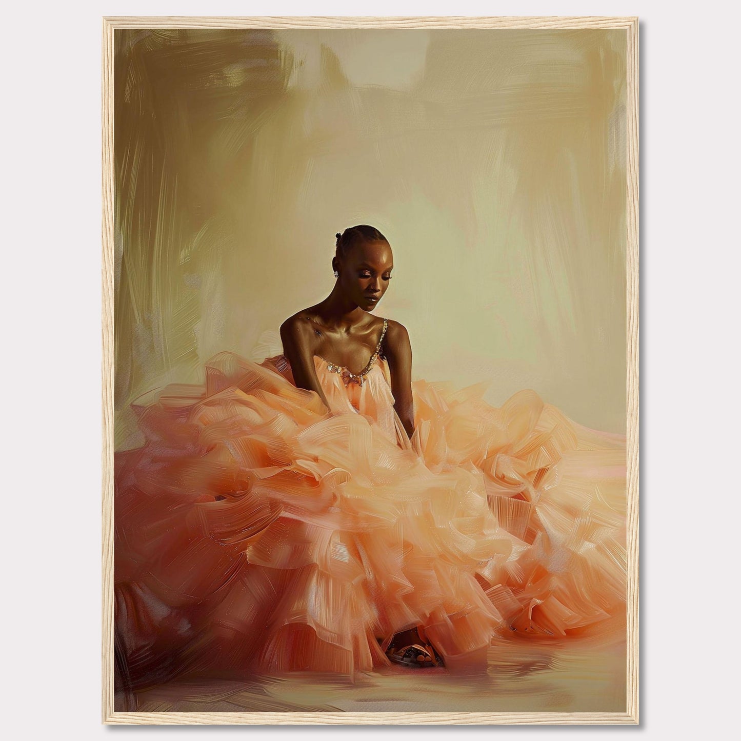 This captivating image features a serene woman in an elegant, voluminous peach gown. The soft, flowing fabric of the dress creates a dreamy and ethereal atmosphere. The background is a subtle blend of warm tones, enhancing the tranquil mood of the scene. The woman's poised and contemplative expression adds depth to the composition.