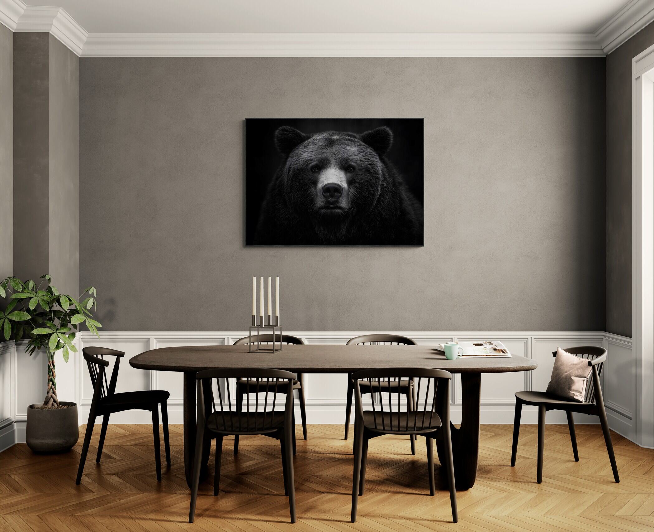 Dignity of a bear - Alu-Dibond wall art displayed in a modern dining room setting.