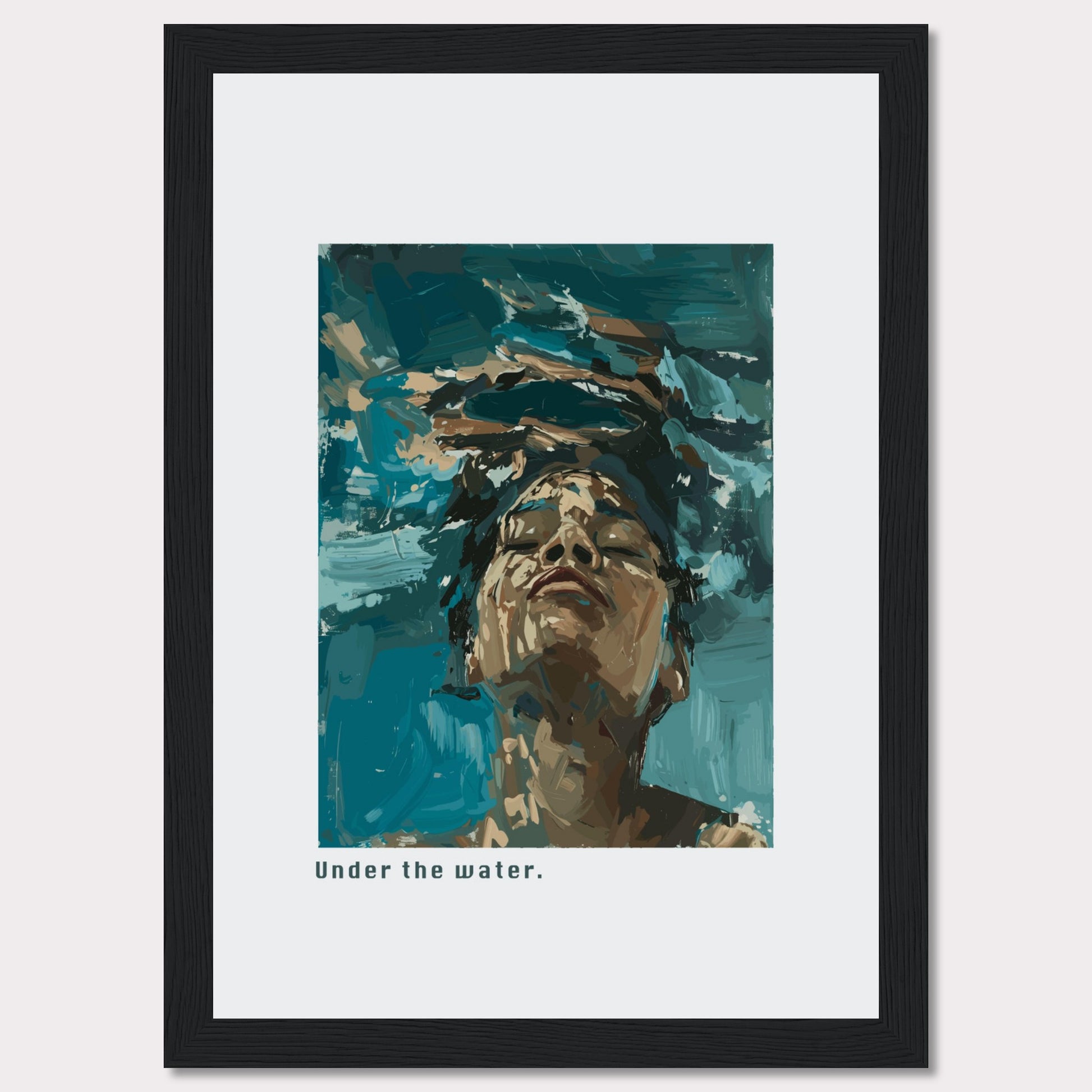 This captivating artwork depicts a serene moment of tranquility and introspection. The image shows a person submerged in water, their face emerging towards the surface, eyes closed in a peaceful expression.