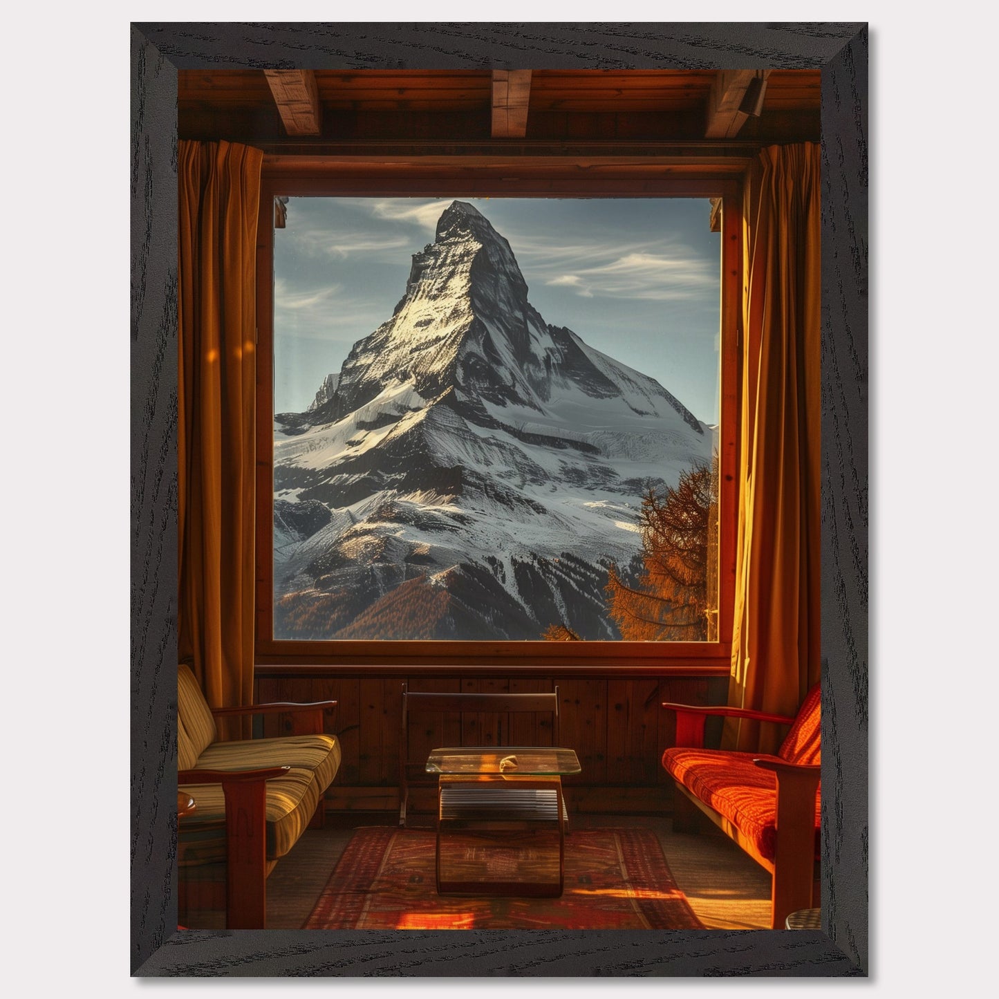 This stunning image captures a breathtaking view of a snow-capped mountain through a large window from a cozy wooden cabin. The warm interior contrasts beautifully with the majestic, cold mountain outside.