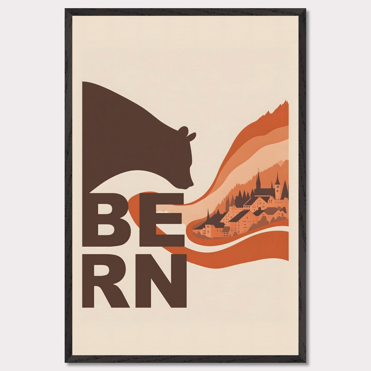 This elegant poster portrays a bear embracing the architectural landscapes of Bern. With flowing lines connecting nature and culture, it conveys the charm of this Swiss city.