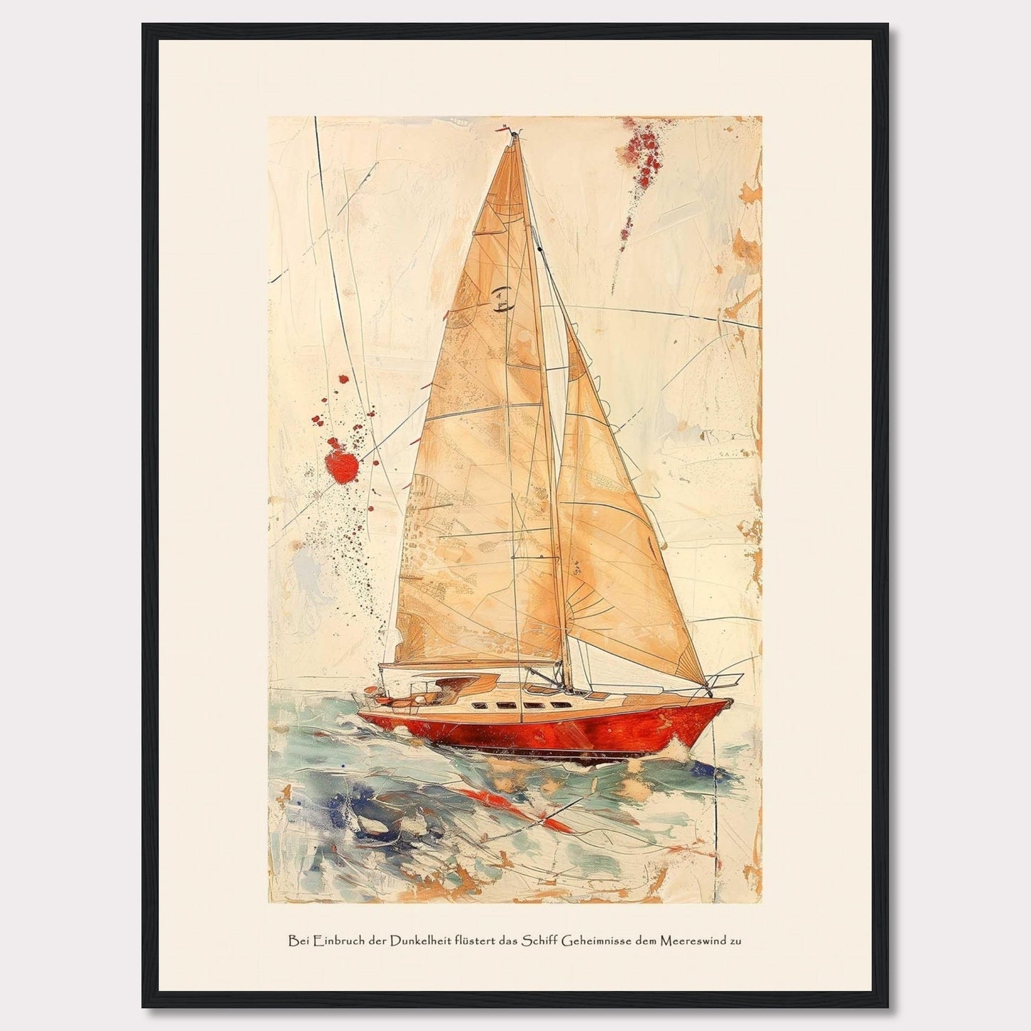 This artwork depicts a stunning sailboat navigating through the ocean with its sails fully unfurled. The painting features a vibrant red boat set against a dynamic background of abstract lines and splashes of color, giving a sense of movement and adventure. The text at the bottom reads: "Bei Einbruch der Dunkelheit flüstert das Schiff Geheimnisse dem Meereswind zu," which translates to "At dusk, the ship whispers secrets to the sea breeze."