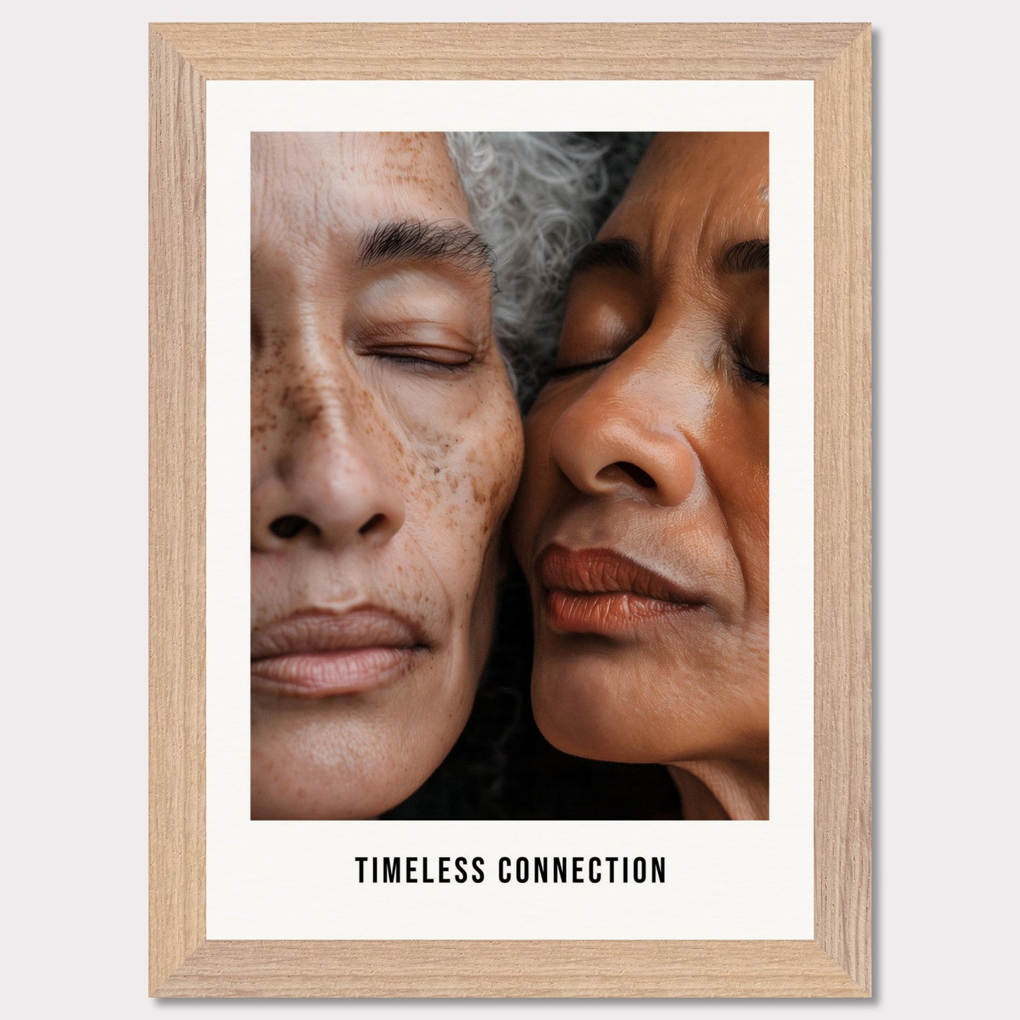 This illustration shows a close-up view of two elderly individuals with their eyes closed, conveying a sense of peace and connection. The text "TIMELESS CONNECTION" is displayed at the bottom.

This poster would fit well in a living room, bedroom, or any space meant for relaxation and reflection.