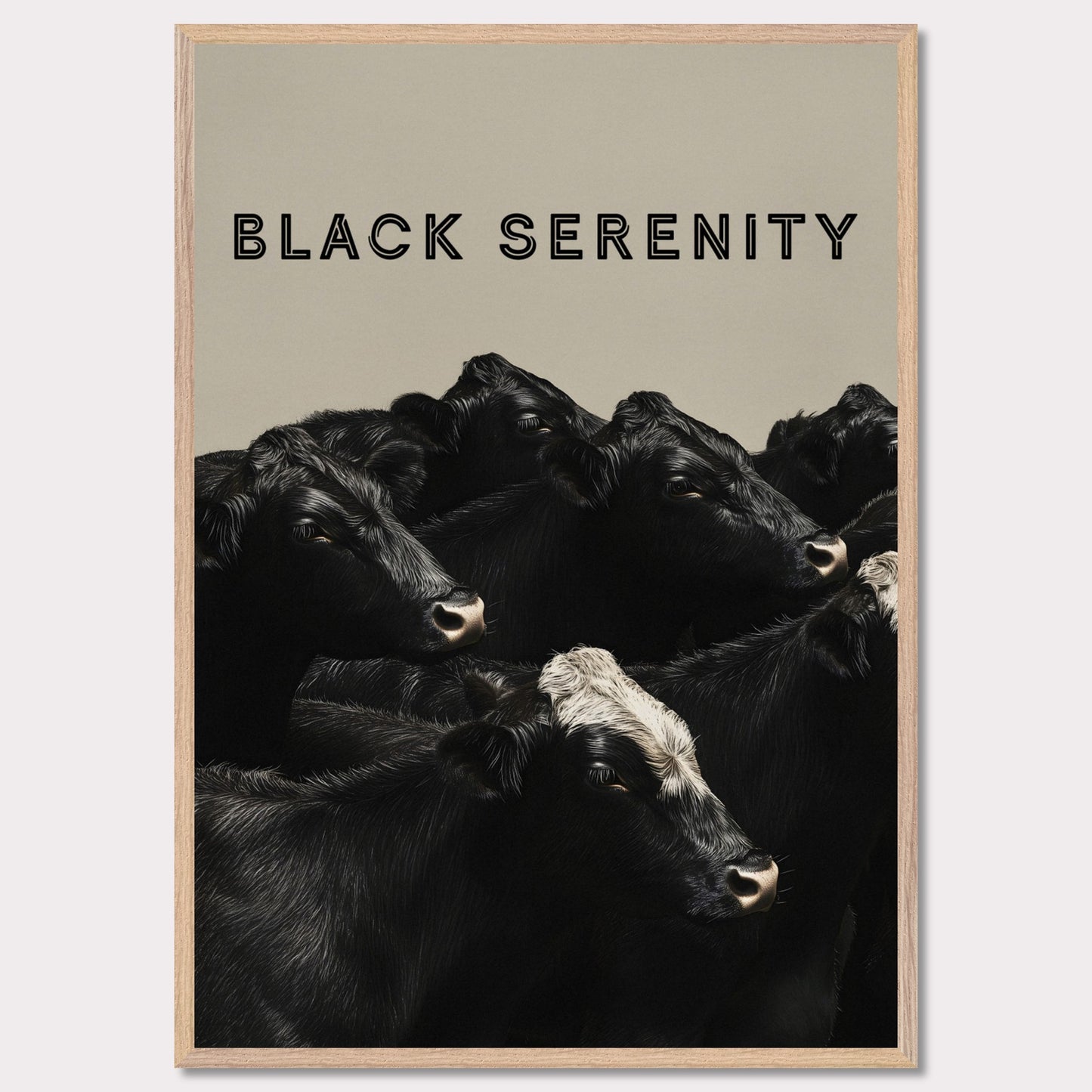 This image showcases a serene group of black cows, with one cow featuring a distinctive white marking on its head. The title "BLACK SERENITY" is prominently displayed at the top, emphasizing the calm and peaceful nature of the scene.