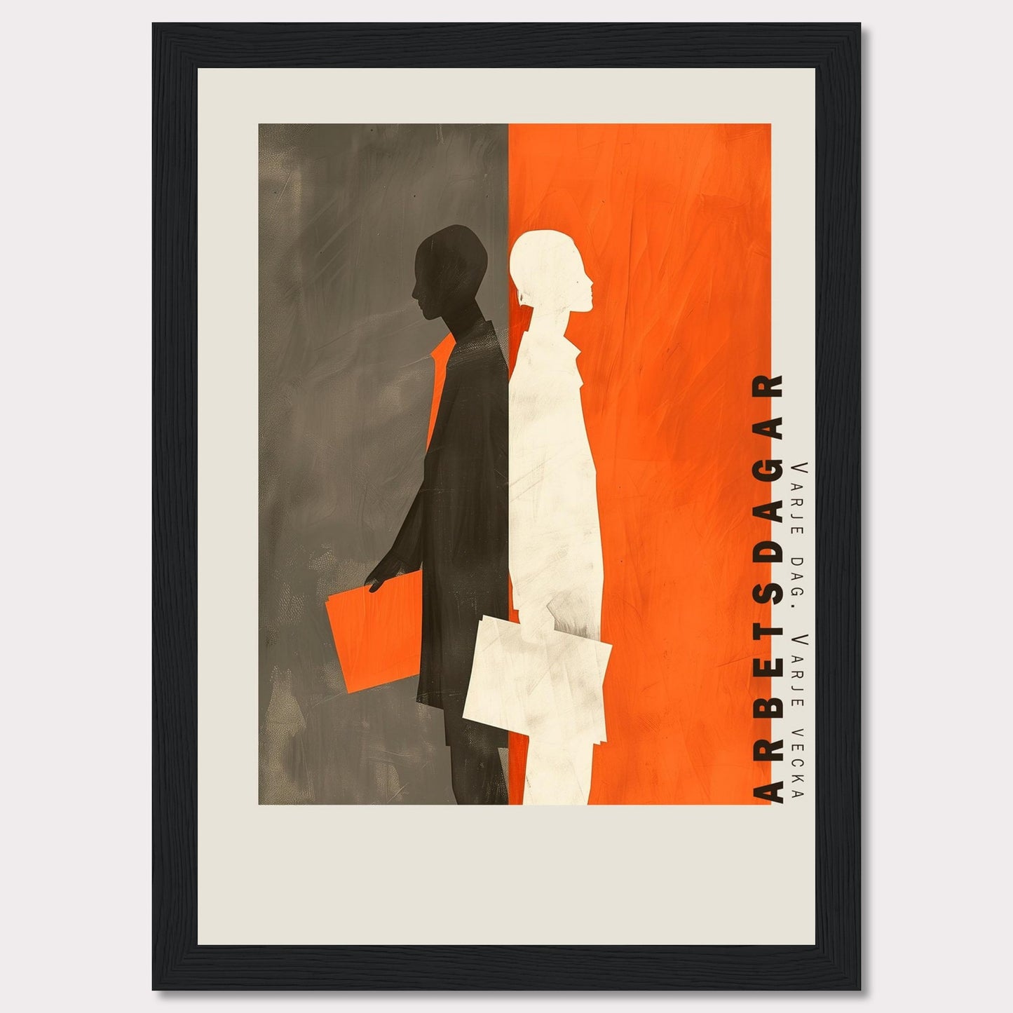 This striking artwork features two silhouetted figures, one in black and the other in white, standing back-to-back against a divided background of gray and orange. Both figures are holding documents, symbolizing work or business activities. The text "ARBETSDAGAR" is prominently displayed vertically on the right side, accompanied by the phrase "VARJE DAG - VARJE VECKA" below it.