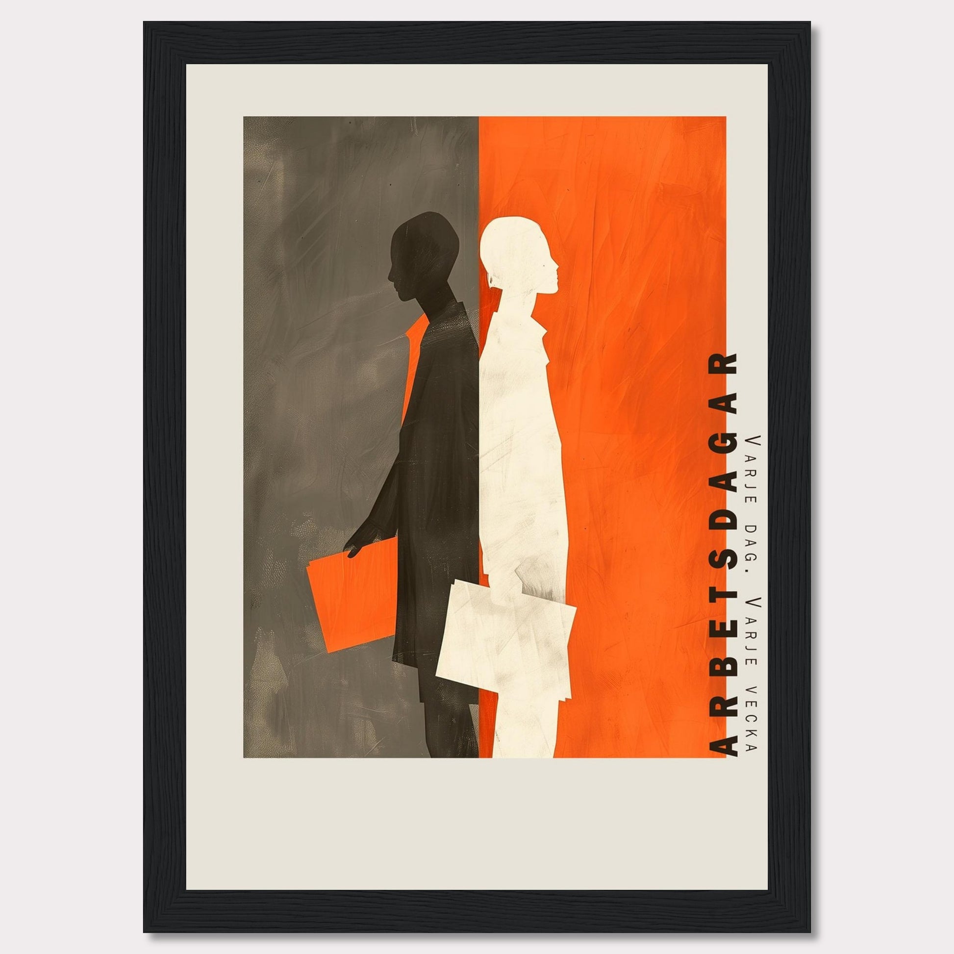 This striking artwork features two silhouetted figures, one in black and the other in white, standing back-to-back against a divided background of gray and orange. Both figures are holding documents, symbolizing work or business activities. The text "ARBETSDAGAR" is prominently displayed vertically on the right side, accompanied by the phrase "VARJE DAG - VARJE VECKA" below it.