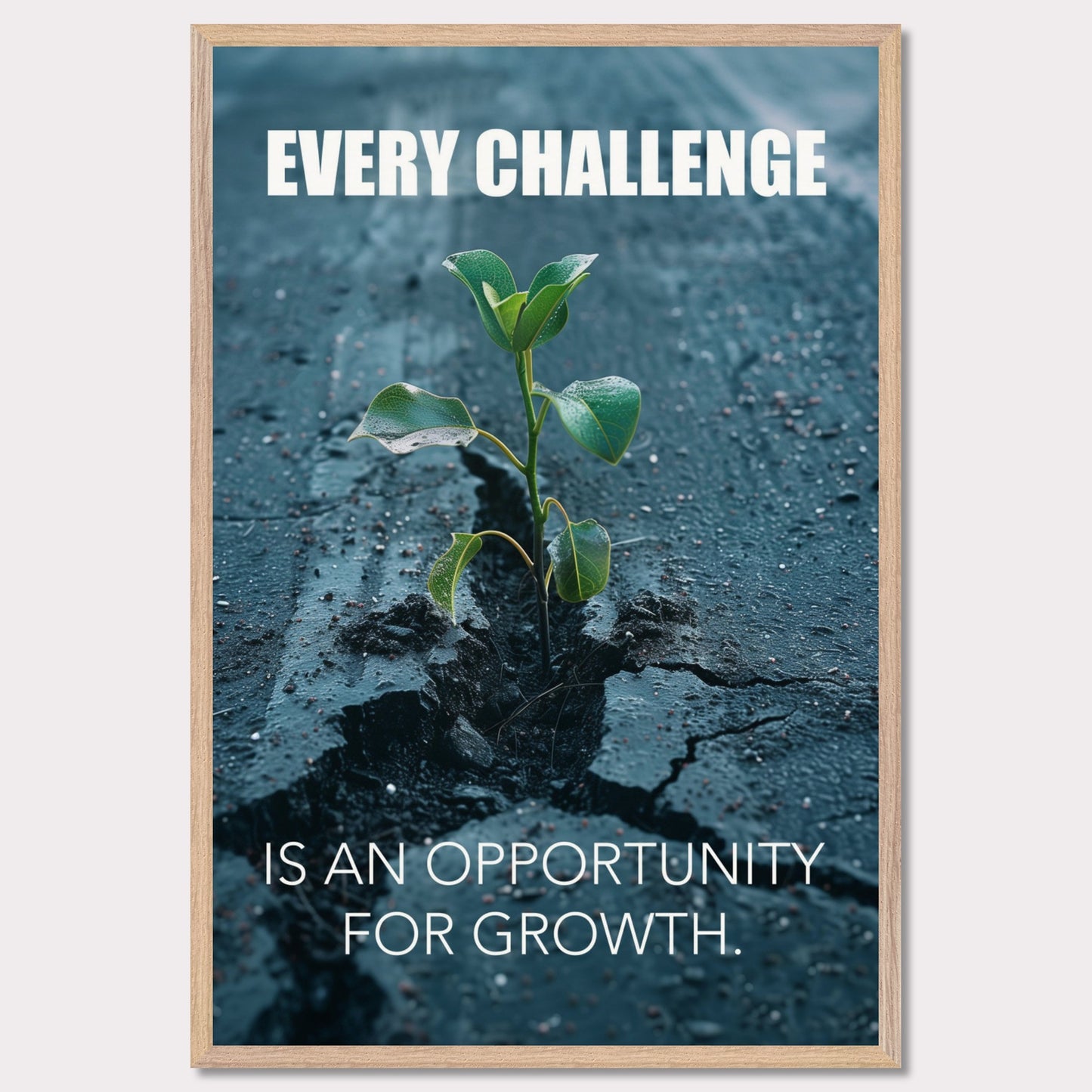 A motivational poster featuring a small green plant sprouting through a crack in the asphalt. The text on the poster reads "EVERY CHALLENGE IS AN OPPORTUNITY FOR GROWTH." The image symbolizes resilience and perseverance.