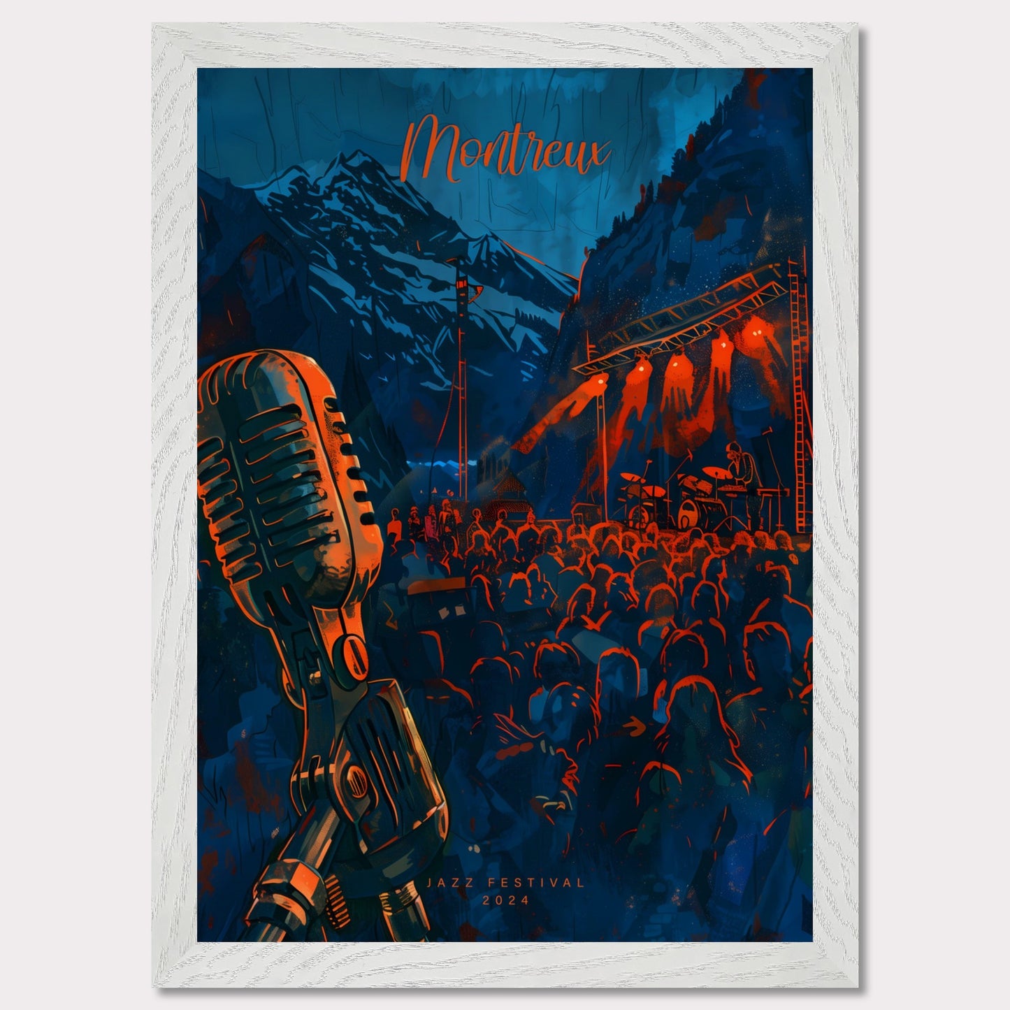 Experience the magic of Montreux Jazz Festival 2024! This vibrant poster captures the essence of live music against a stunning mountain backdrop. Join the crowd, feel the rhythm, and be part of an unforgettable musical journey.