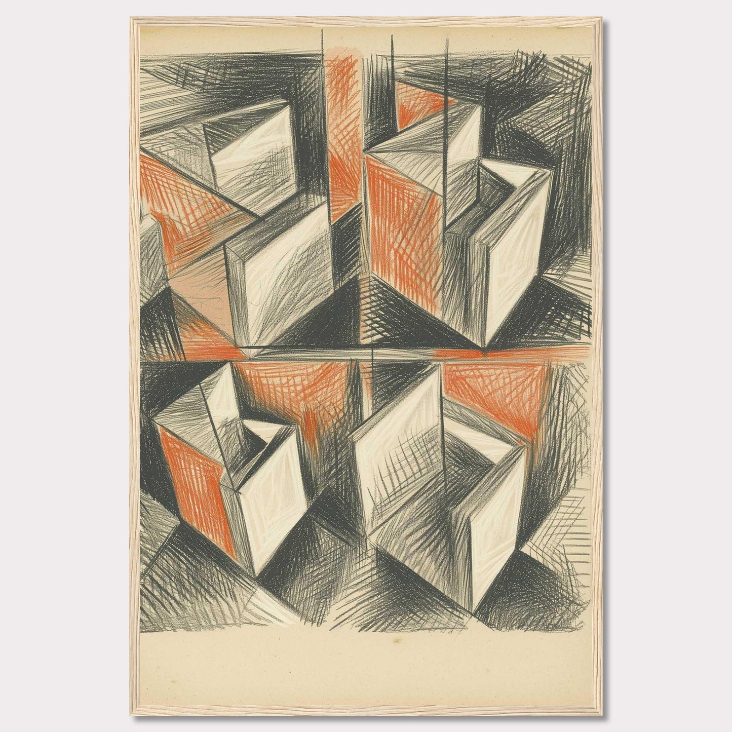 This artwork features an abstract geometric composition with intersecting shapes and lines. The use of black and orange tones creates a dynamic and intriguing visual effect.