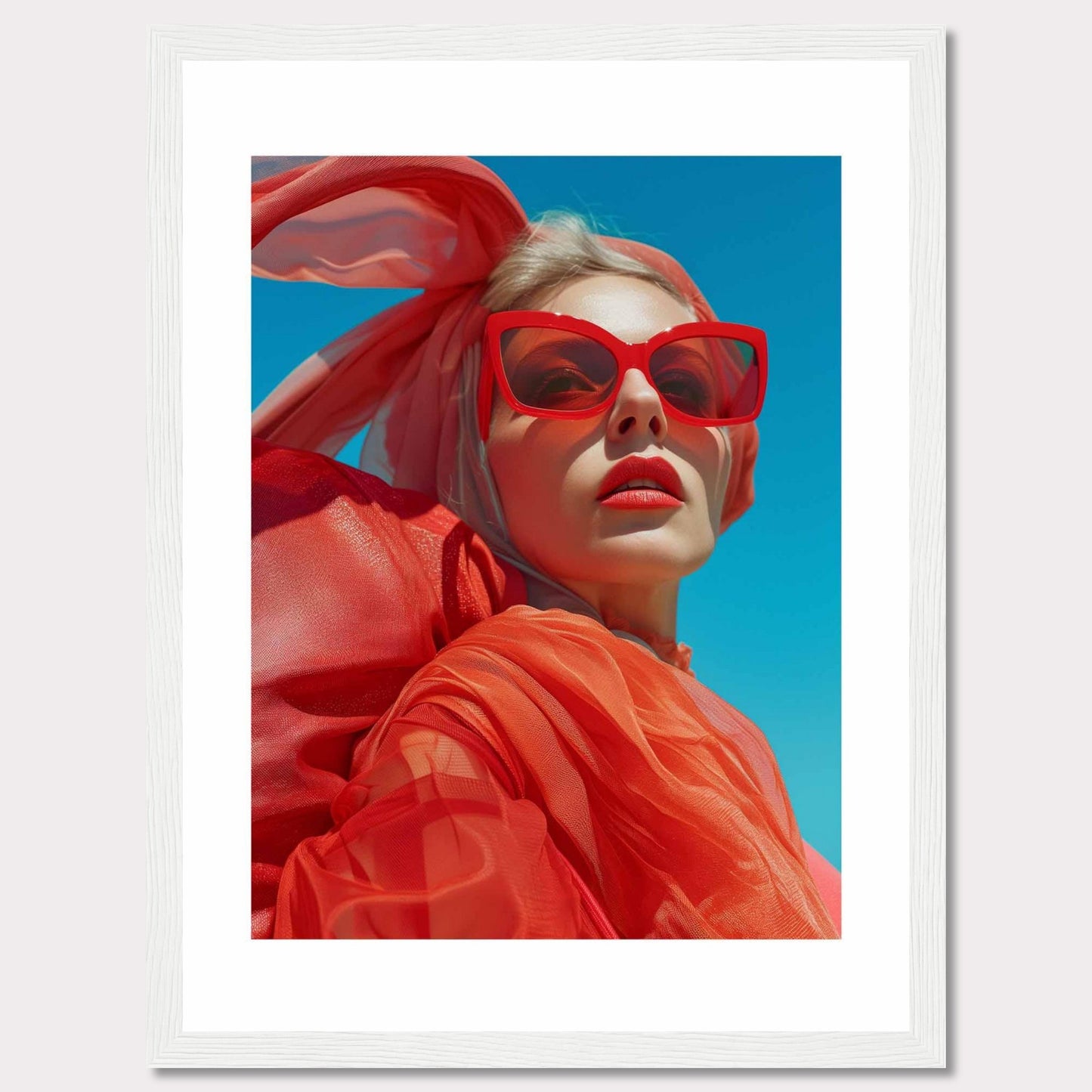 This striking photo features a confident woman wearing bold red sunglasses and a matching headscarf against a vibrant blue sky. The image is framed in a sleek black border, enhancing its modern aesthetic.