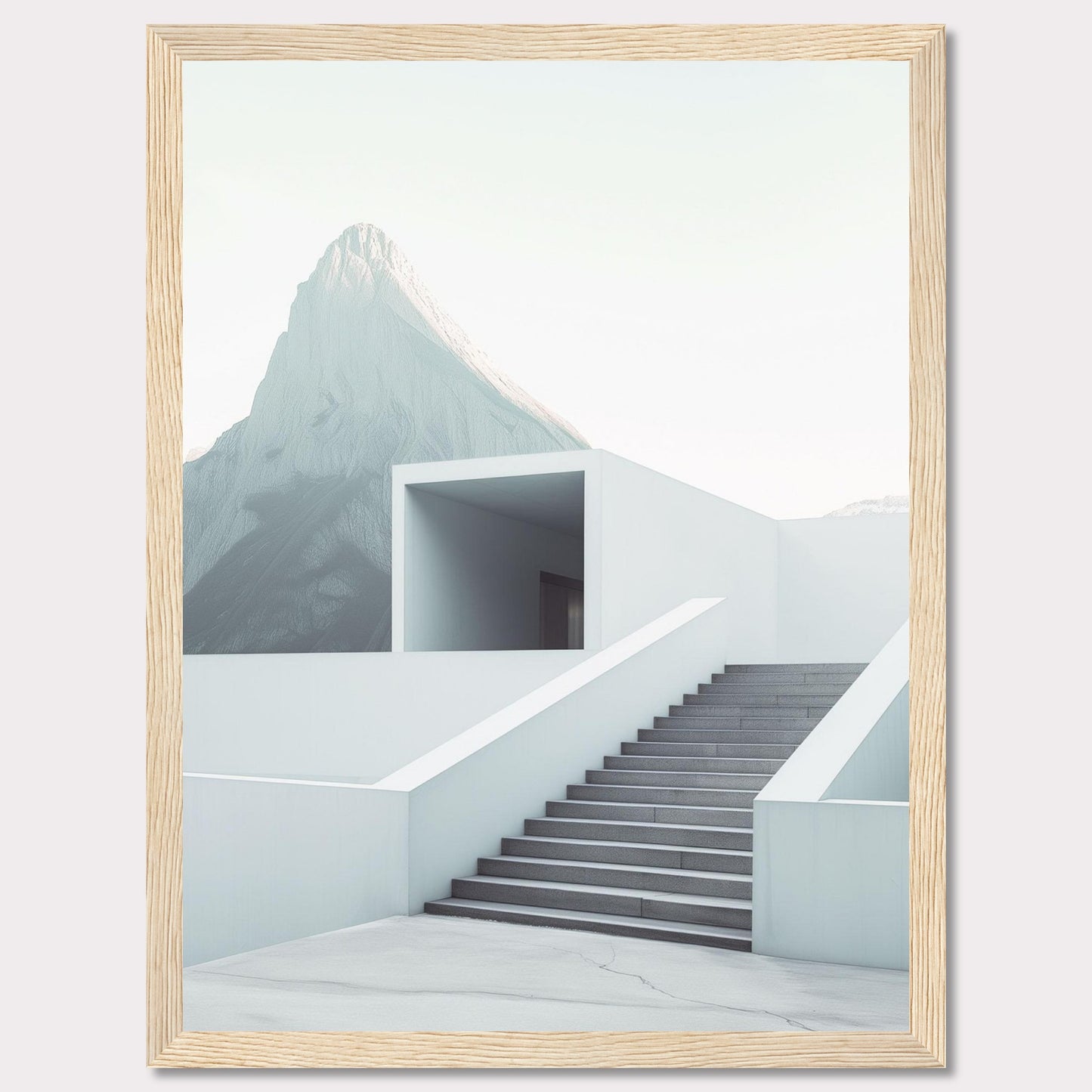 This minimalist artwork features a serene mountain backdrop with a modern architectural staircase leading to a simple, open structure. The clean lines and soft color palette evoke a sense of tranquility and sophistication.