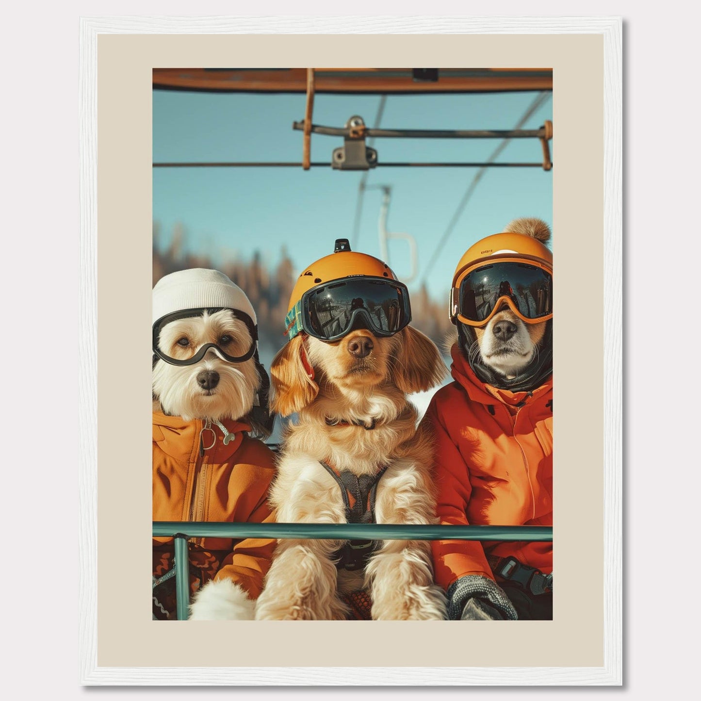 This charming photo features three adorable dogs dressed in winter gear, complete with helmets and goggles, enjoying a ride on a ski lift. The bright blue sky and snowy background add to the fun and adventurous atmosphere.