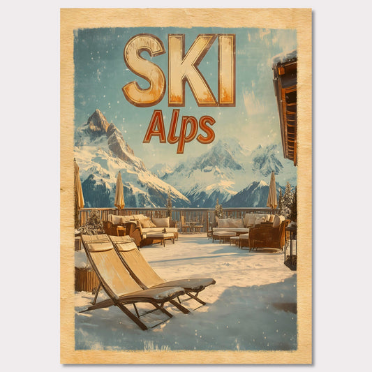 This captivating poster presents a luxurious alpine terrace overlooking majestic snowy peaks. The cozy lounge chairs, wooden railings, and soft golden light create an inviting winter escape. The serene atmosphere and breathtaking views evoke a sense of tranquility and connection to nature.