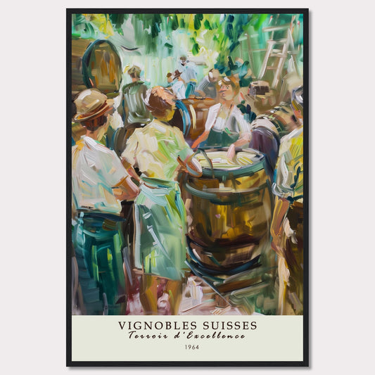 This vibrant painting captures a lively scene of people gathered around wine barrels, reflecting the rich tradition of Swiss vineyards.