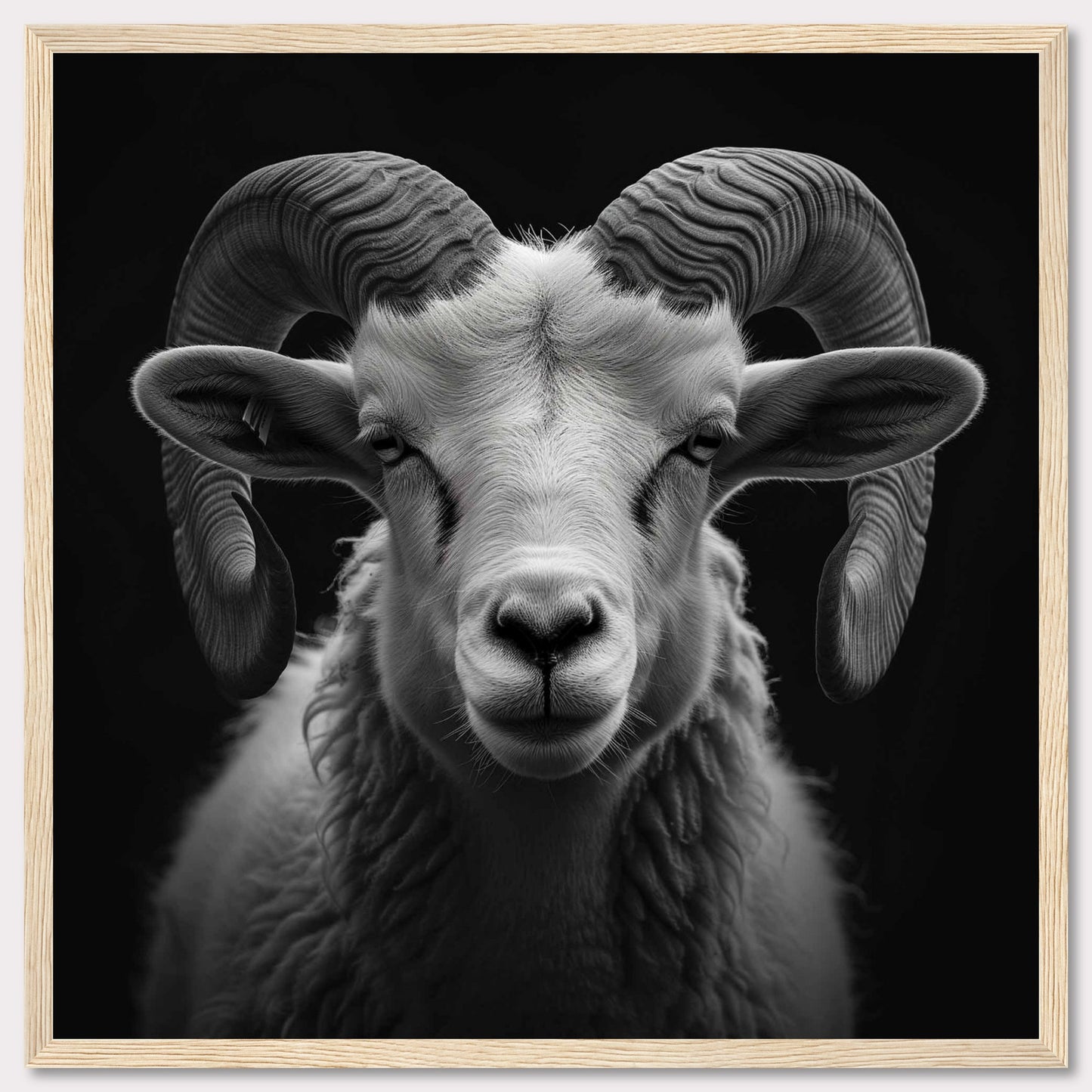 This striking black and white photograph captures the majestic presence of a ram with impressive, curved horns. The detailed texture of its fur and the intensity in its eyes are beautifully highlighted against a dark background.