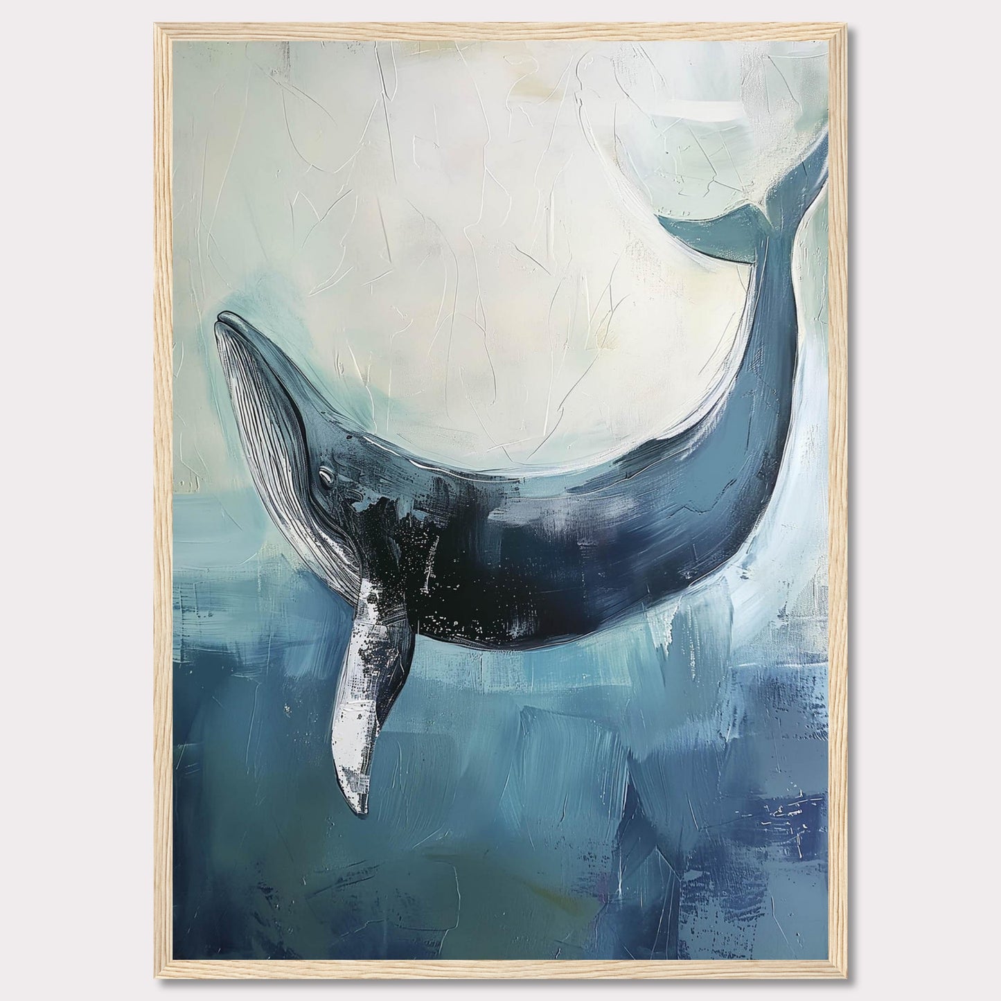 This image showcases a stunning painting of a whale gracefully swimming in the ocean. The artwork captures the serene beauty and majesty of the whale, set against a backdrop of soothing blue and white hues. The texture and brushstrokes add depth and movement to the piece, making it an eye-catching addition to any space.