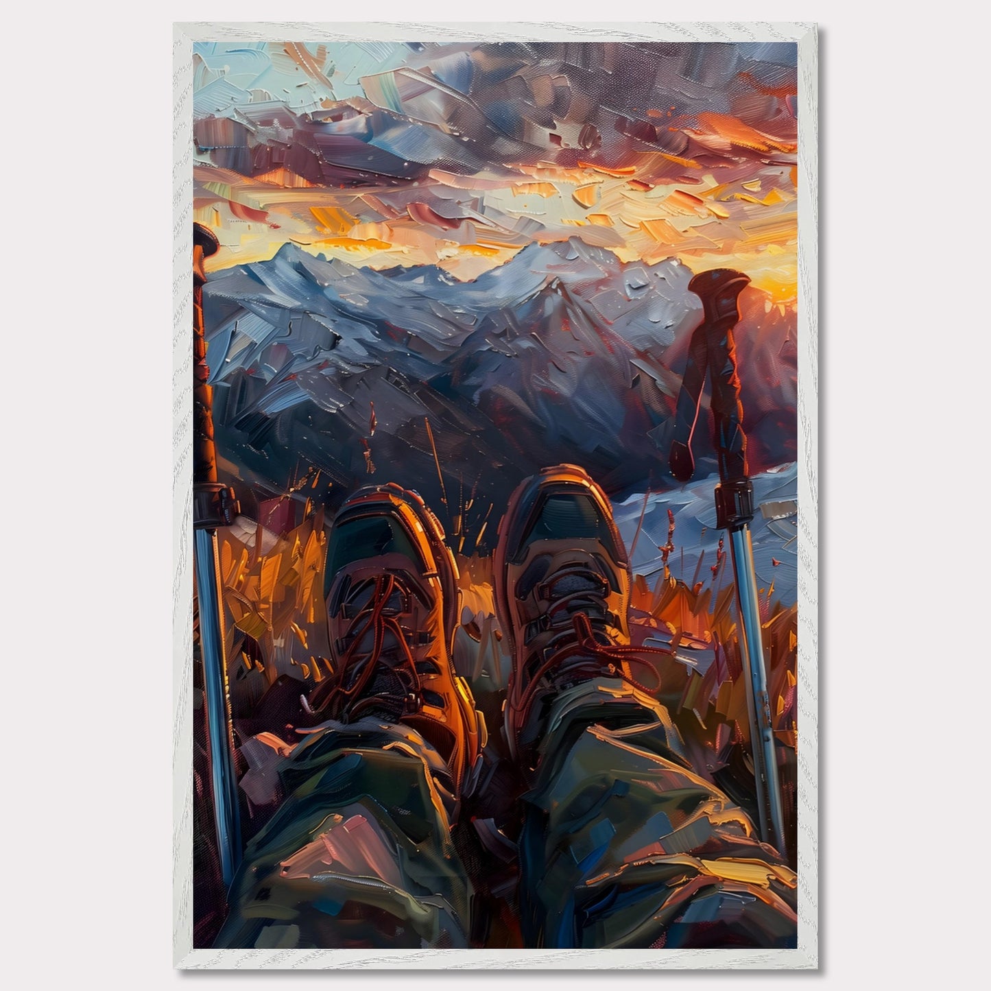 This illustration depicts a serene mountain landscape at sunset, viewed from the perspective of a hiker resting with their legs stretched out.