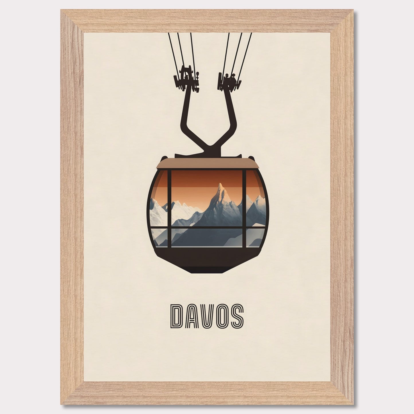 A striking minimalist poster featuring a cable car with a breathtaking view of the Swiss Alps. The warm tones contrast with the cool mountain peaks, evoking the excitement of alpine adventures.