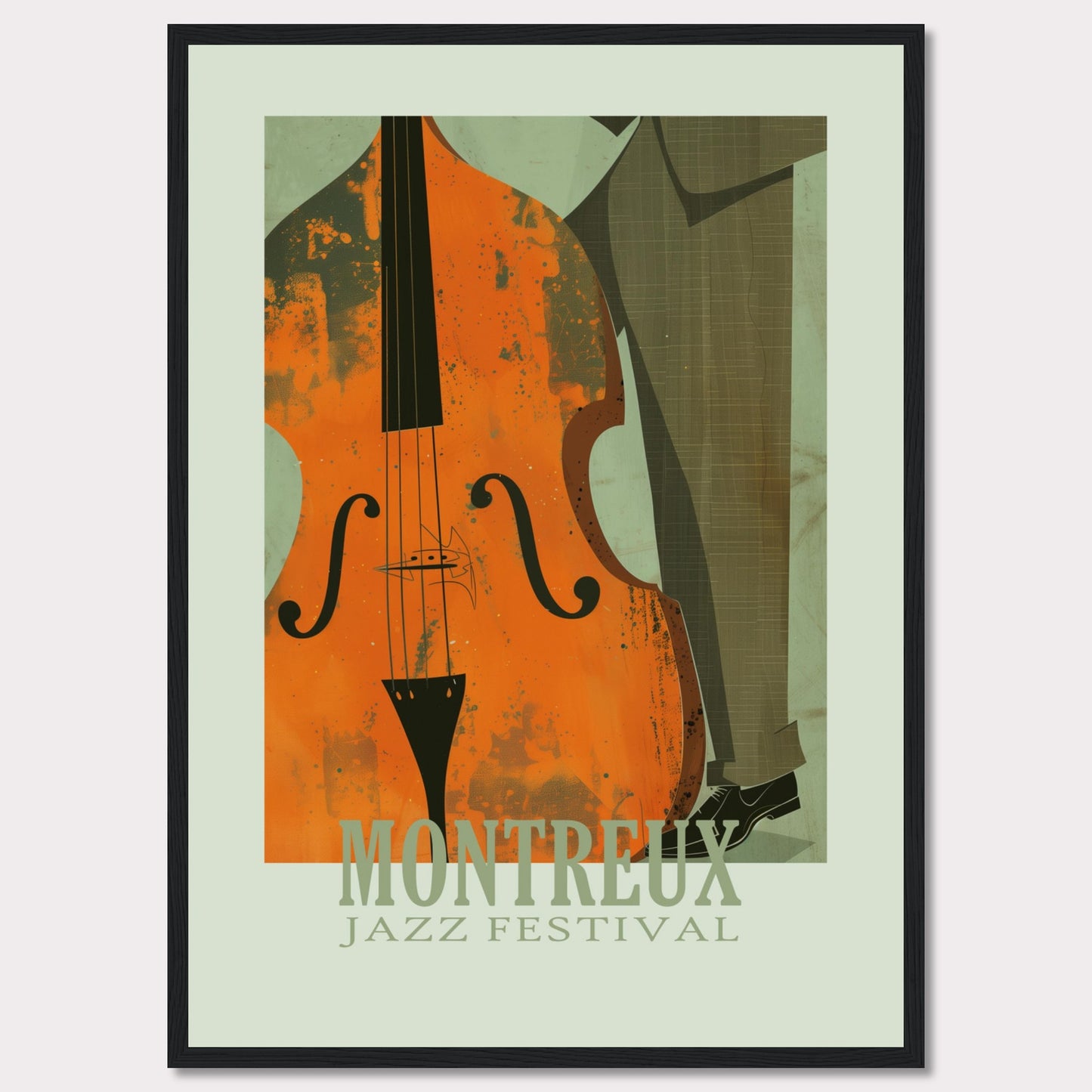 This image is a poster for the Montreux Jazz Festival. It features an abstract illustration of a double bass and a person in a suit.