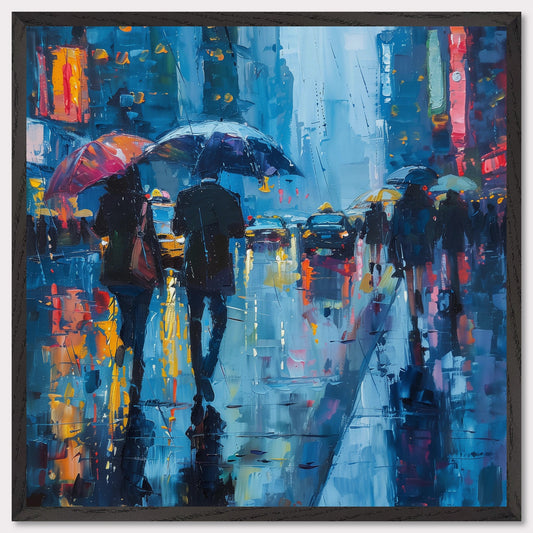 This captivating painting portrays a rainy city street bustling with people holding umbrellas. The vibrant colors and reflections on the wet pavement create a mesmerizing atmosphere.