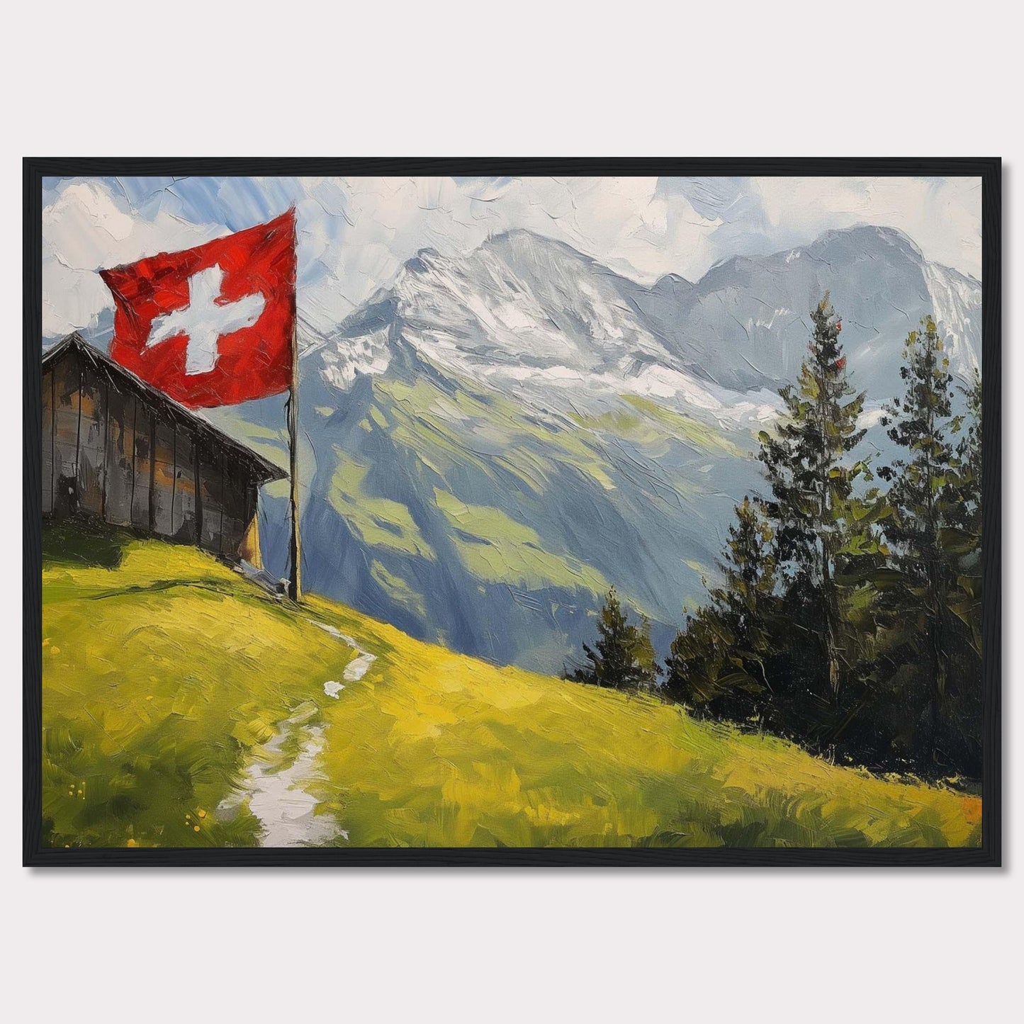 This stunning painting captures the serene beauty of a Swiss alpine landscape. A quaint wooden cabin is perched on a lush green hillside, with a vibrant Swiss flag fluttering proudly beside it. Majestic snow-capped mountains rise in the background, contrasting beautifully with the verdant foreground. Tall evergreen trees add depth and texture to the scene.