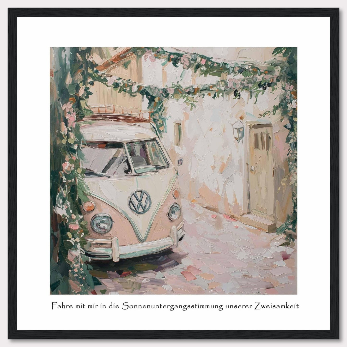 This charming painting depicts a vintage van parked in a quaint alleyway, surrounded by lush greenery and flowers. The soft pastel colors and impressionistic style create a dreamy, nostalgic atmosphere.