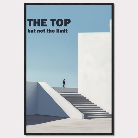 This minimalist poster features a person standing at the top of a staircase, gazing into the horizon. The bold text reads "THE TOP but not the limit," inspiring viewers to reach beyond their perceived boundaries.