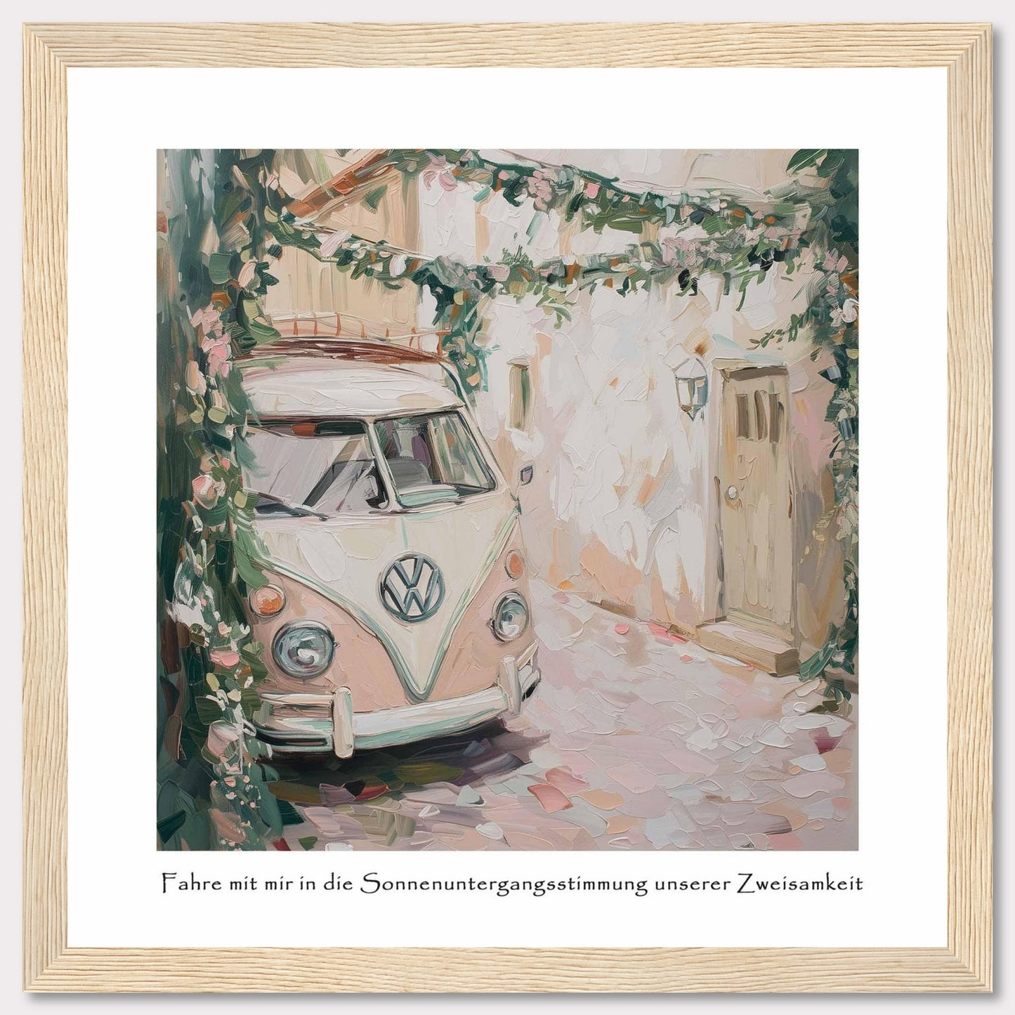 This charming painting depicts a vintage van parked in a quaint alleyway, surrounded by lush greenery and flowers. The soft pastel colors and impressionistic style create a dreamy, nostalgic atmosphere.