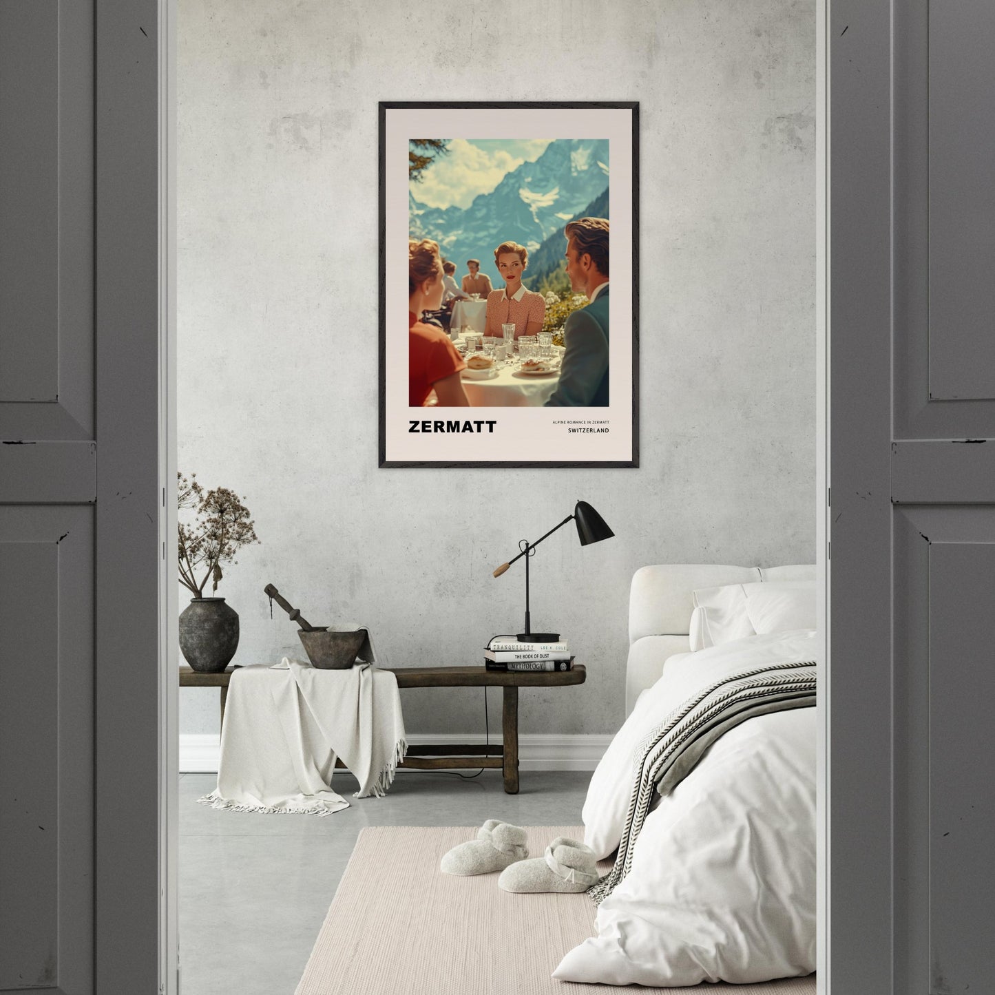 This poster transports us to a world of elegant romance amidst the mountainous landscapes of Zermatt, Switzerland. At the center of the scene is a refined woman with a romantic, enigmatic gaze directed at the man across the table on a café terrace, set against the majestic backdrop of the Alps. 