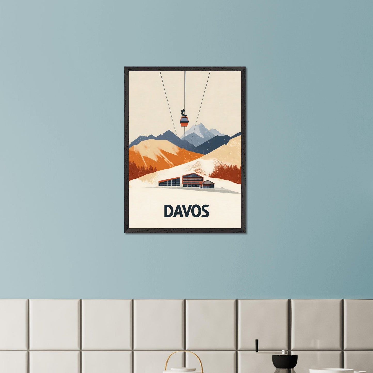 A stunning visual of a winter resort in Davos, nestled among snow-covered mountains. A cable car ascends above, symbolizing the excitement of skiing and high-altitude adventures.