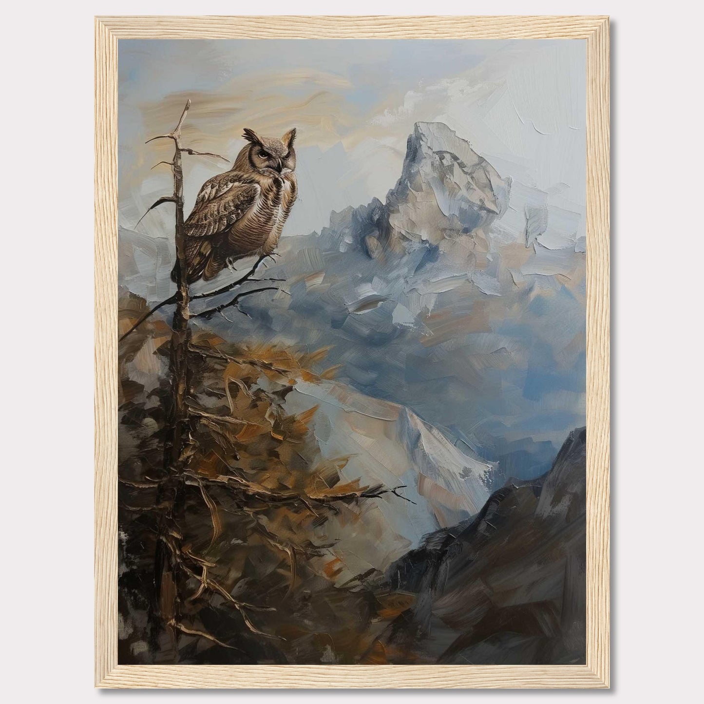 This captivating painting depicts a majestic owl perched on a branch, overlooking a rugged mountain landscape. The scene is rendered in rich, earthy tones and dynamic brushstrokes, capturing the serene yet powerful essence of nature.