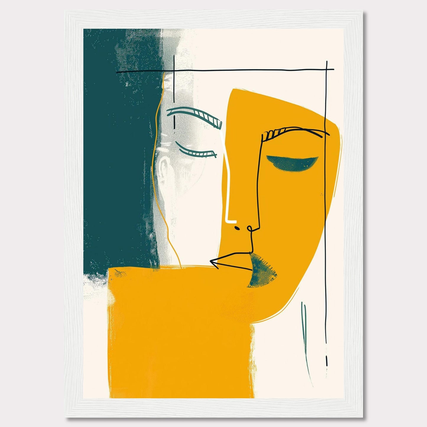 This captivating abstract art piece features a minimalist line drawing of a face, blending bold colors and simple shapes to create a striking visual impact. The artwork combines teal, mustard yellow, and white, with a black frame adding a touch of sophistication.