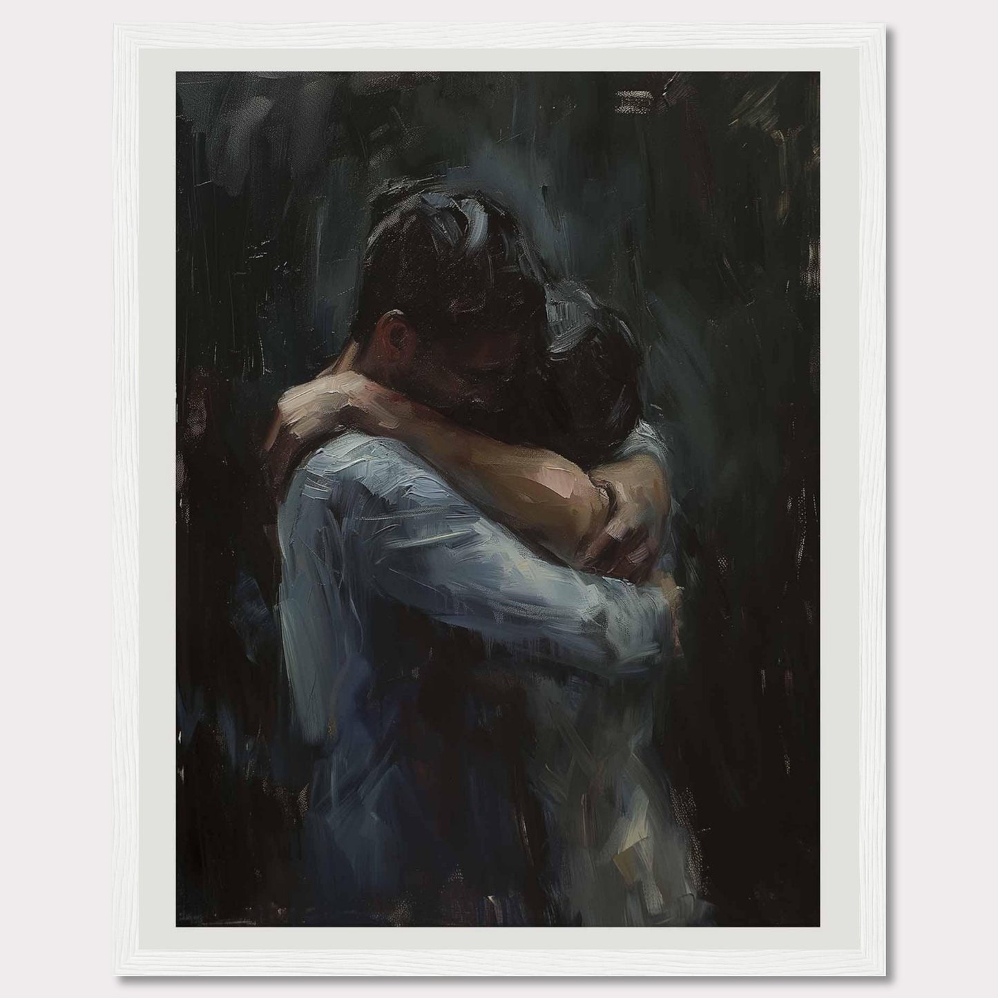 This evocative painting captures a tender embrace between two figures, conveying deep emotion and connection. The dark, muted tones enhance the intimacy of the moment, drawing the viewer into the scene.