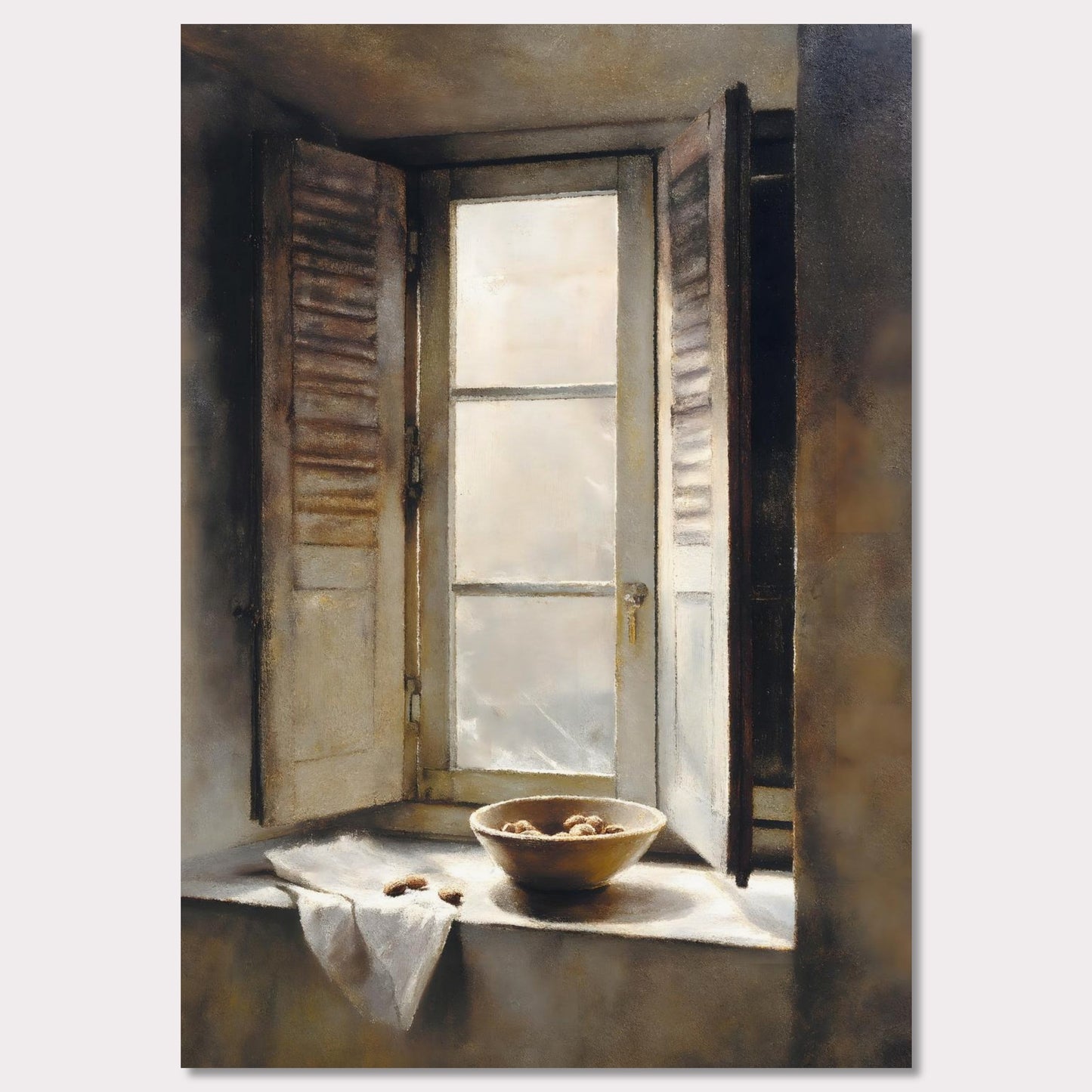 Golden light streams through an old shuttered window, catching the edge of a ceramic bowl filled with walnuts. A linen cloth rests gently nearby, suggesting quiet hands and slow mornings. This image is domestic poetry — a tribute to texture, stillness, and time.