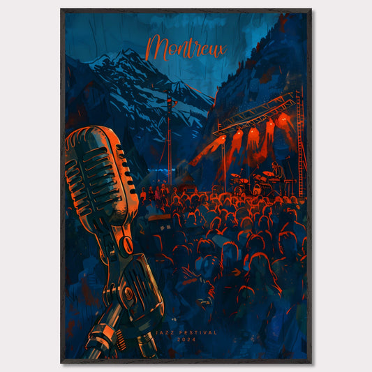 Experience the magic of Montreux Jazz Festival 2024! This vibrant poster captures the essence of live music against a stunning mountain backdrop. Join the crowd, feel the rhythm, and be part of an unforgettable musical journey.