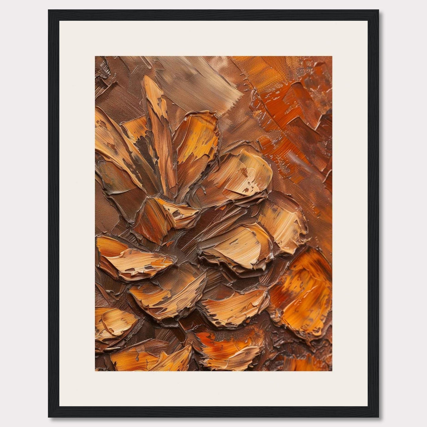 This image showcases a textured painting of a pine cone, rendered in rich, earthy tones. The thick, impasto technique gives the artwork a three-dimensional feel, making the pine cone appear almost lifelike. The painting is framed in a sleek black frame with a white matting that enhances its visual appeal.