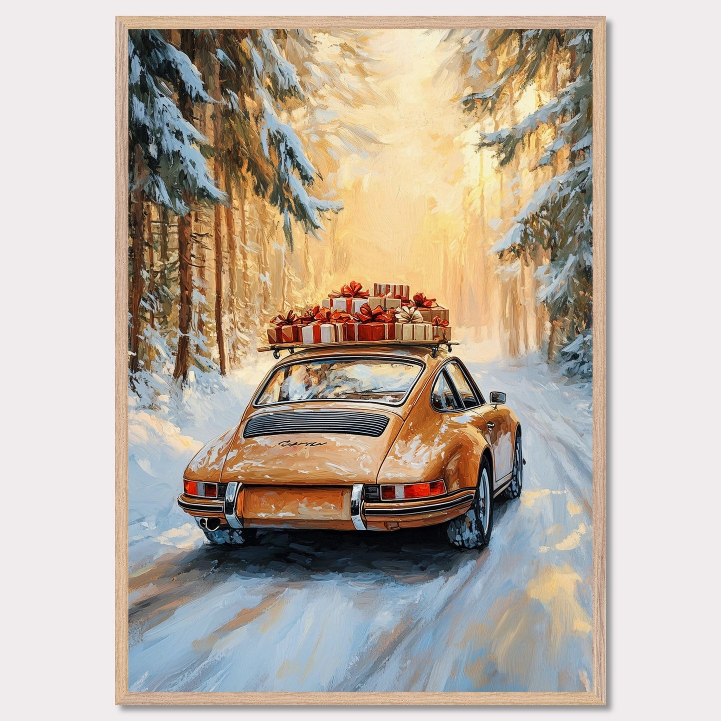 This festive poster showcases a yellow Porsche navigating a snow-covered path with holiday presents stacked on its roof. The warm glow from the trees lining the road creates a magical winter scene, while the "Merry Christmas" typography evokes the warmth and joy of the holiday season. The combination of sleek design and a peaceful winter landscape makes this a perfect holiday greeting.