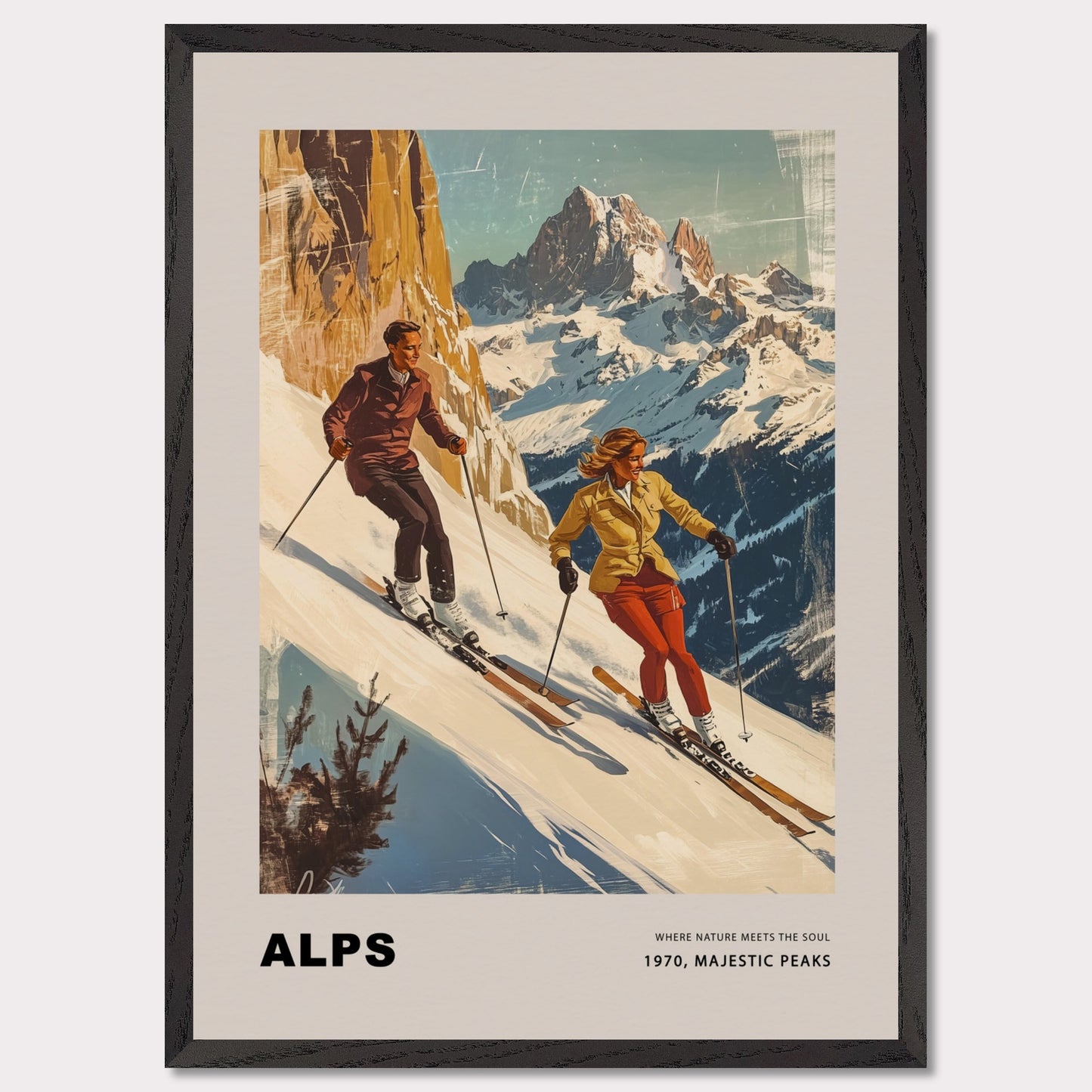 This striking vintage poster celebrates the grandeur of the Alps, depicting a dynamic pair of skiers descending snowy slopes with towering peaks in the background. Their confident movements against the crisp, majestic scenery capture the essence of alpine adventure. The warm, retro tones paired with the timeless typography evoke a sense of nostalgia and the spirit of mountain exploration.